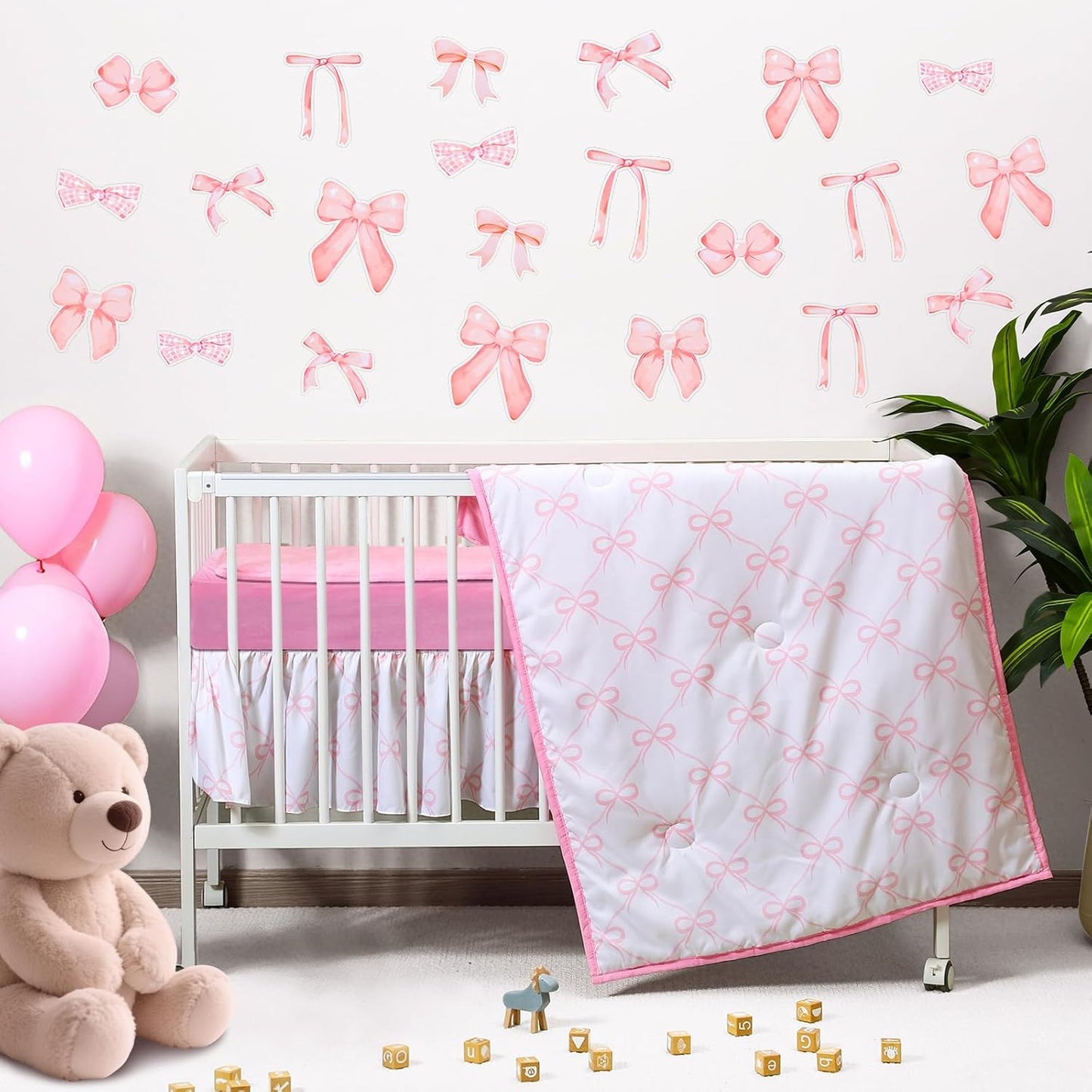 5 Pcs Crib Bedding Set with Pink Bow for Girls Nursery Room