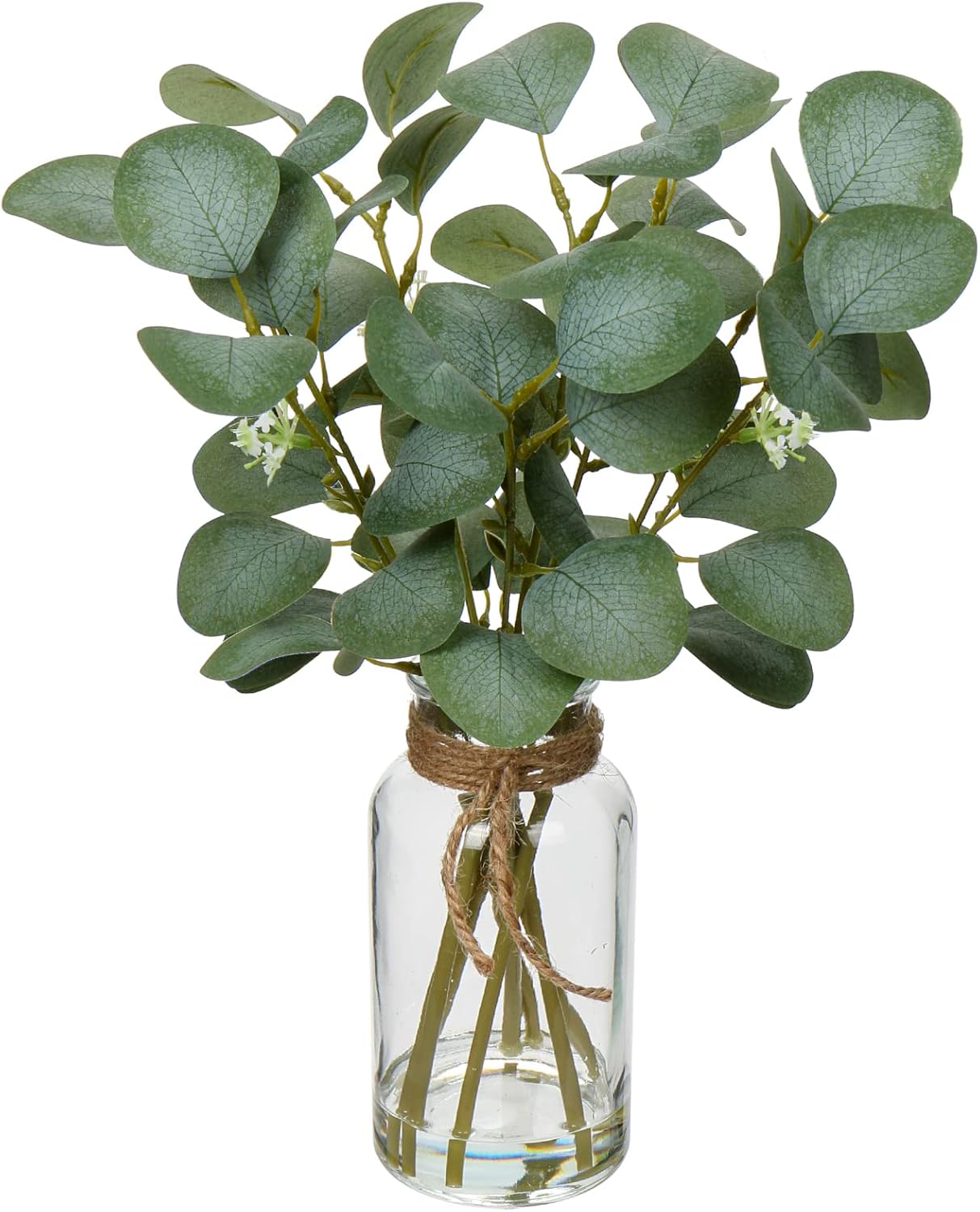 14 Faux Eucalyptus Stems in Glass Vase - Lifelike Home Decor