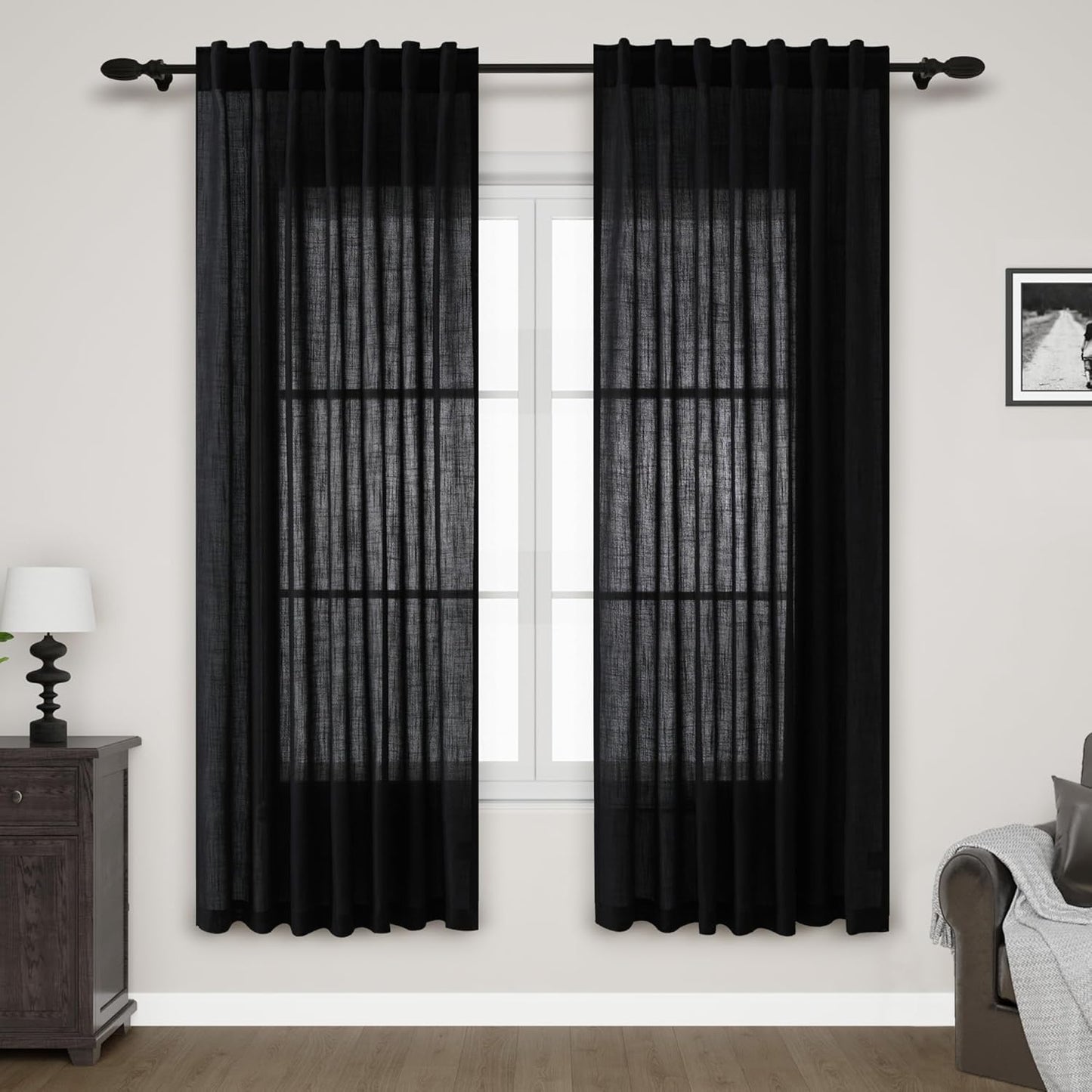 Nanspring Black Semi Sheer Linen Curtains for Modern Decor