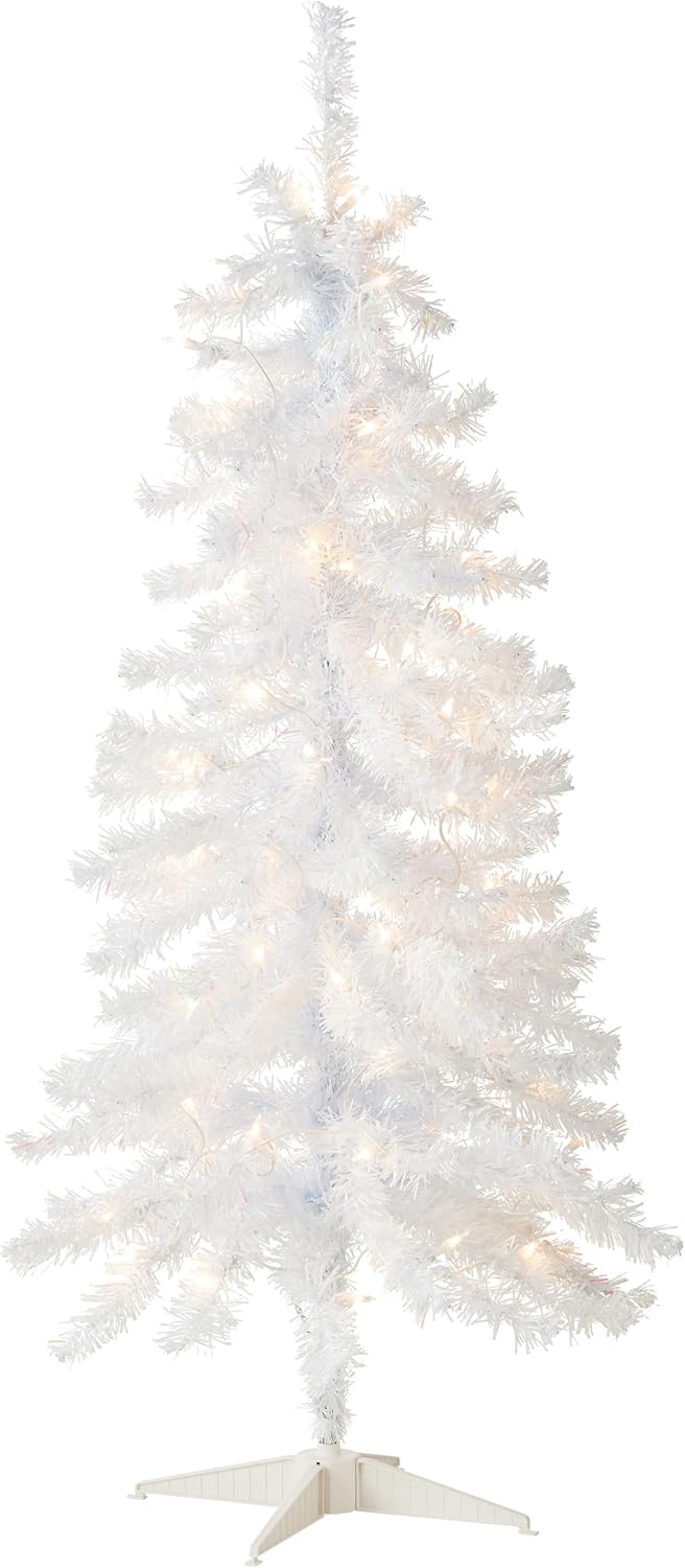 Pre-Lit Artificial Christmas Tree with White Tinsel and Lights