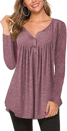 Halife Women's Casual Long Sleeve Henley V-Neck Blouse Tops