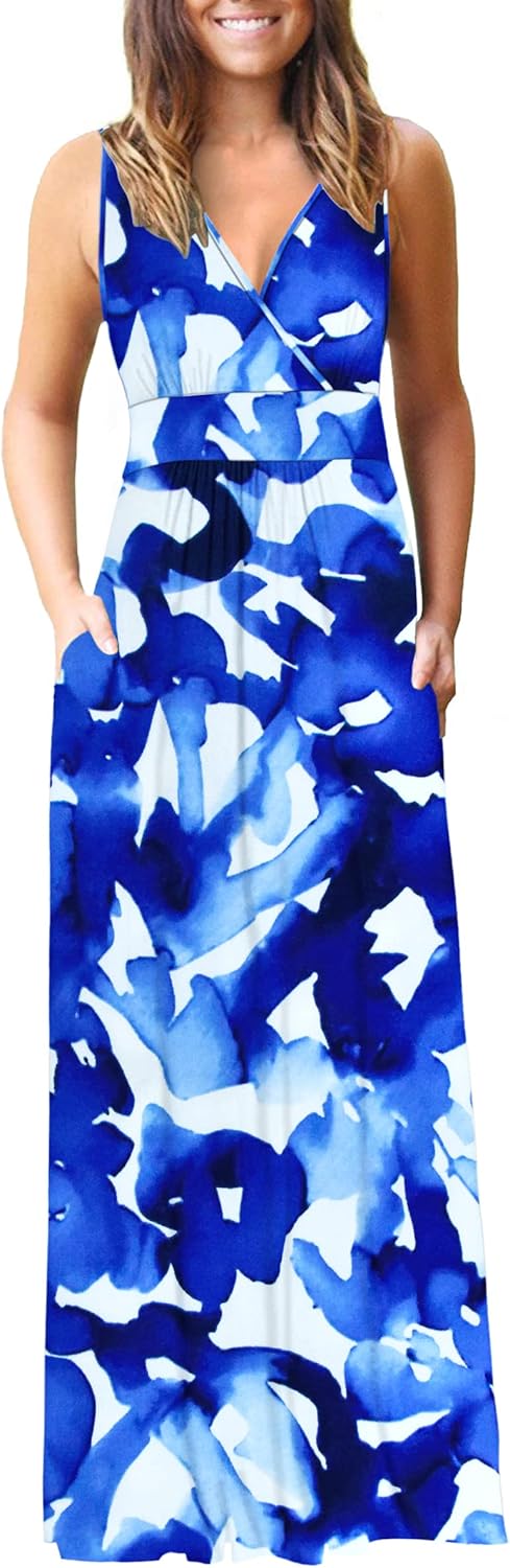 Sleeveless Maxi Dress with Deep V Neck and Pockets for Summer