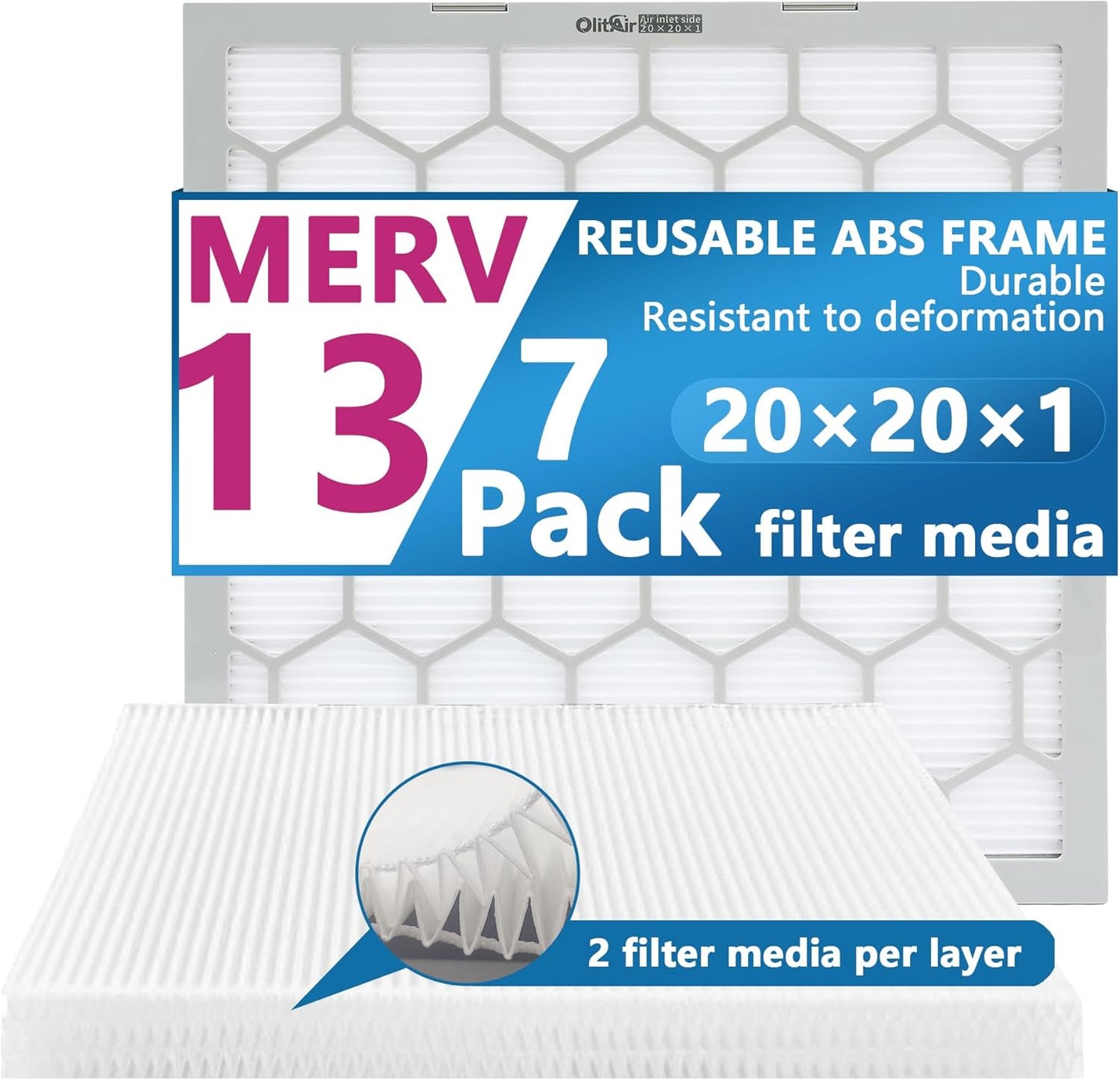 20x20x1 MERV 13 Air Filter with Reusable ABS Frame - 7 Pack