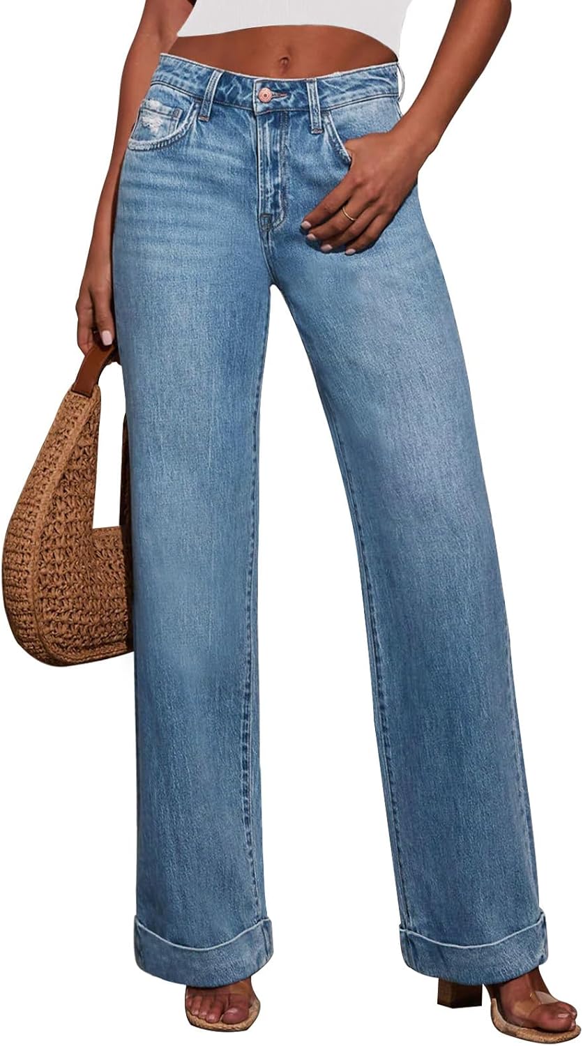 KUNMI Wide Leg Baggy High Waist Jeans for Women - Trendy Style