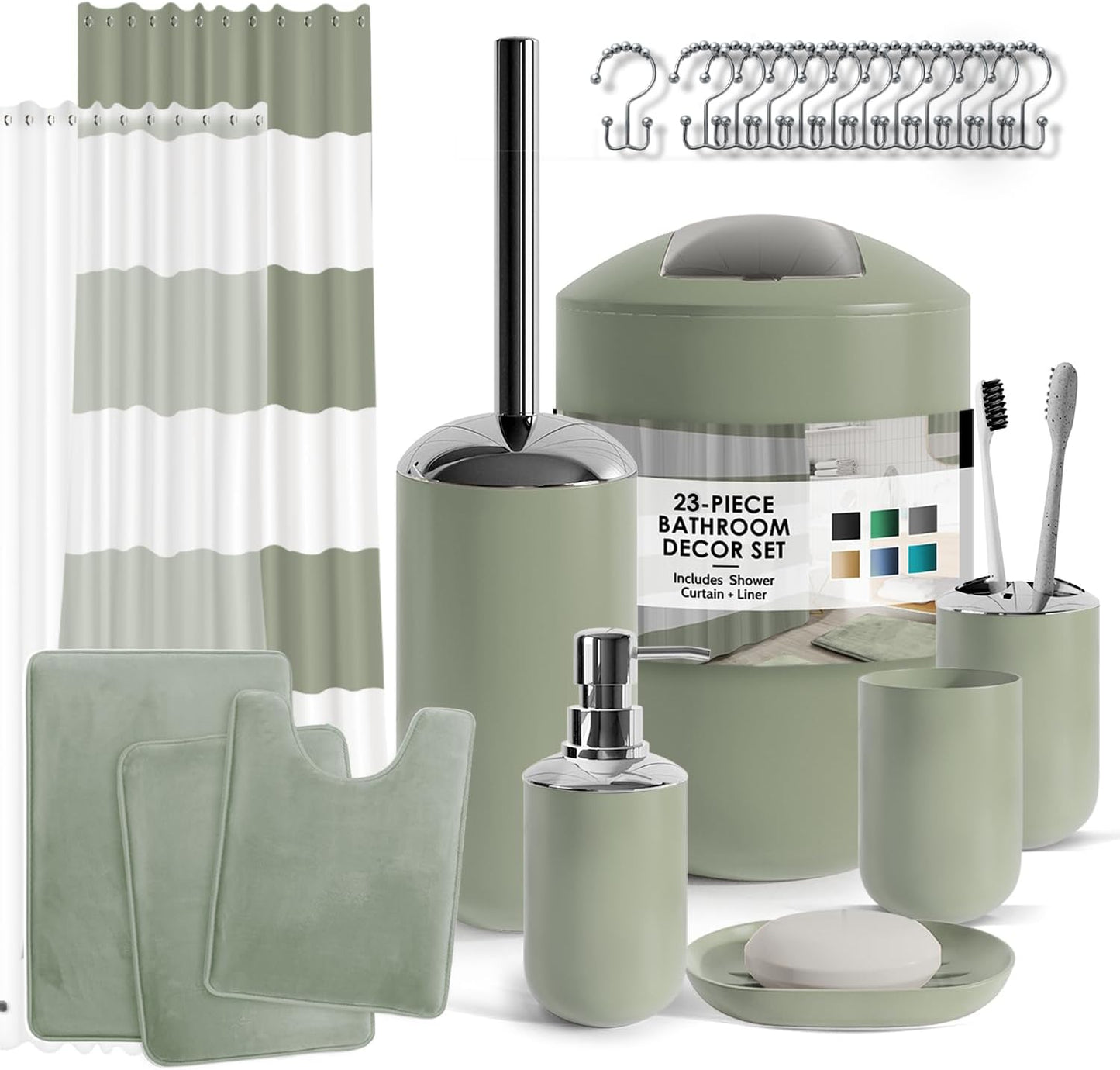Sage Green Bathroom Accessories Set with Shower Curtain and Rugs