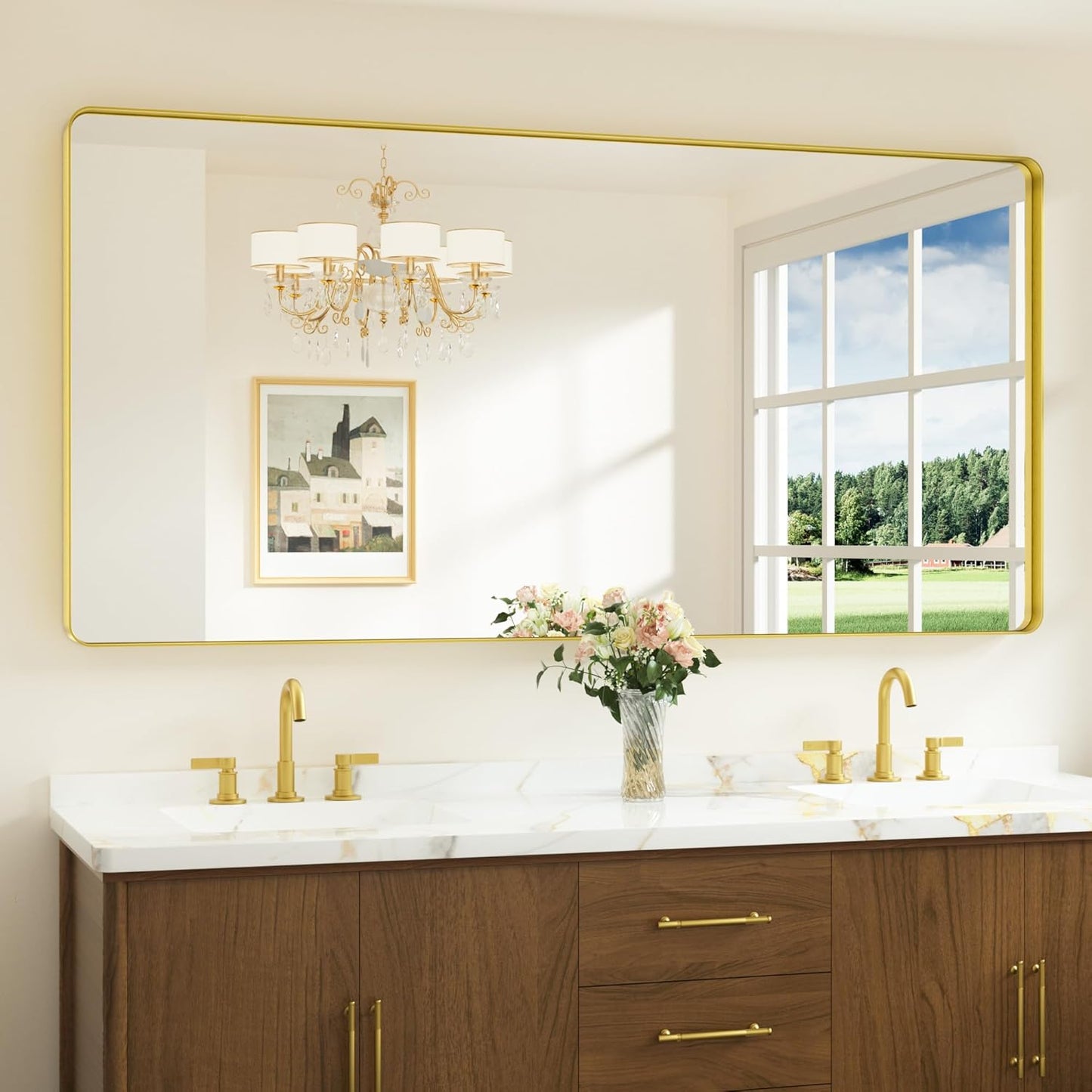 Keonjinn Brushed Gold Bathroom Mirror for Modern Elegance