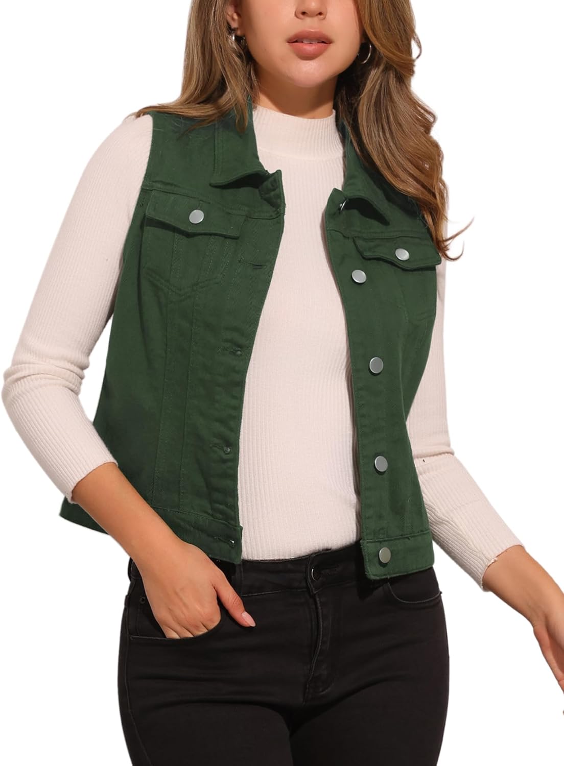Allegra K Women's Buttoned Washed Denim Vest Jacket with Pockets