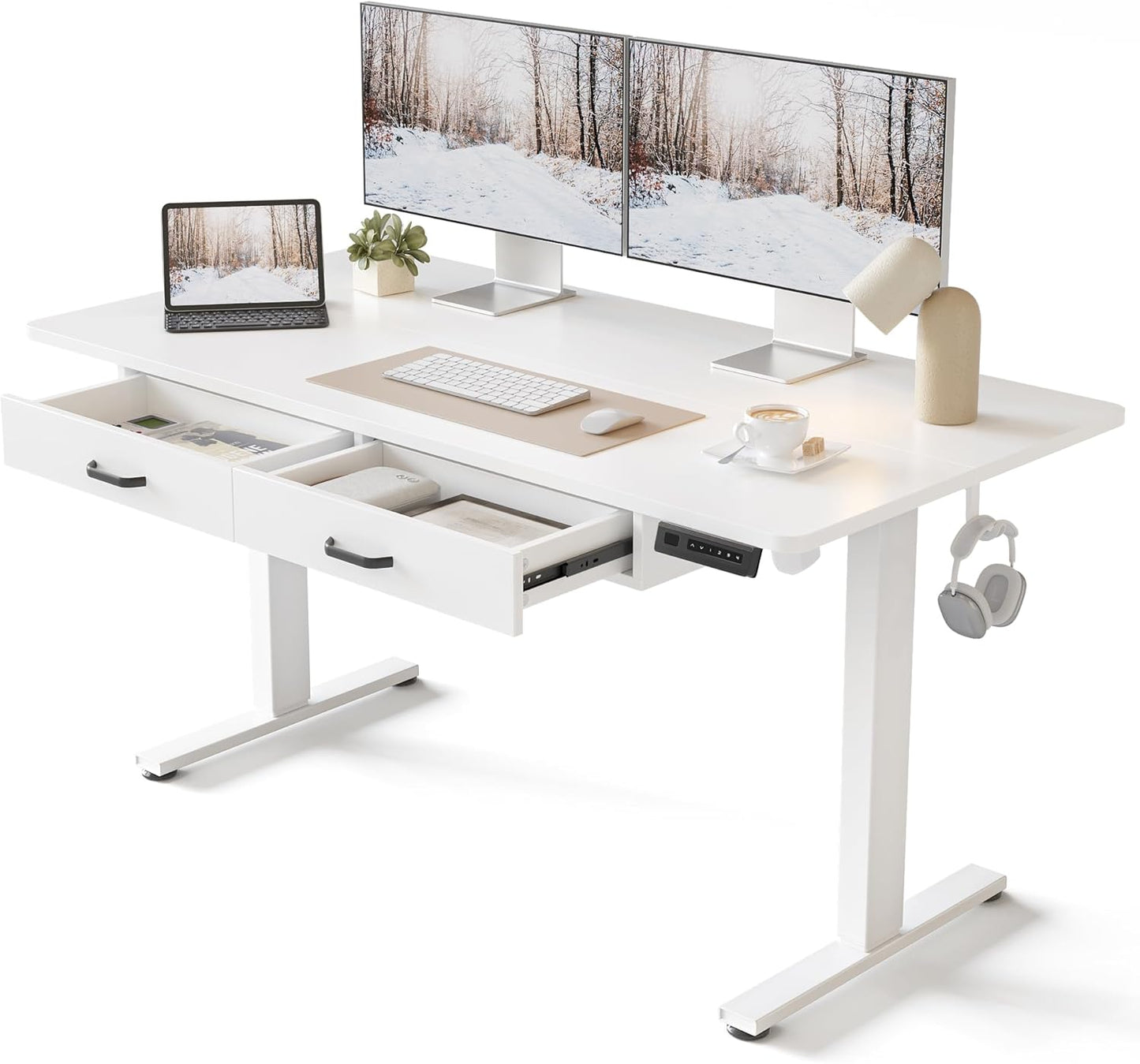FEZIBO Electric Standing Desk: Height Adjustable, Spacious with Double Drawers
