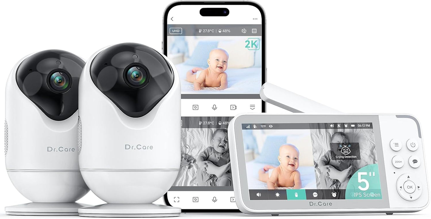 Dr.Care Smart WiFi Baby Monitor - 2K Split Screen, Cry Alert, Night Vision