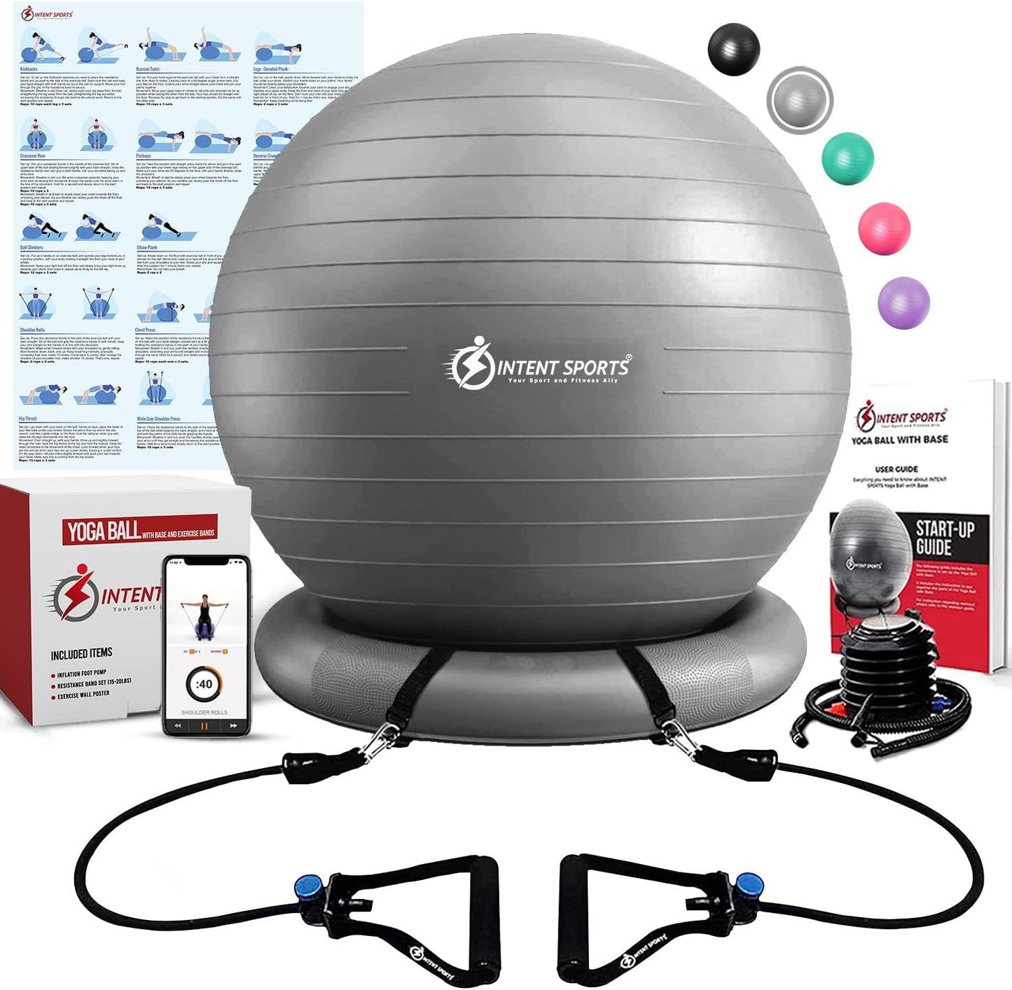 Yoga Ball Chair with Stability Base & Resistance Bands for Fitness