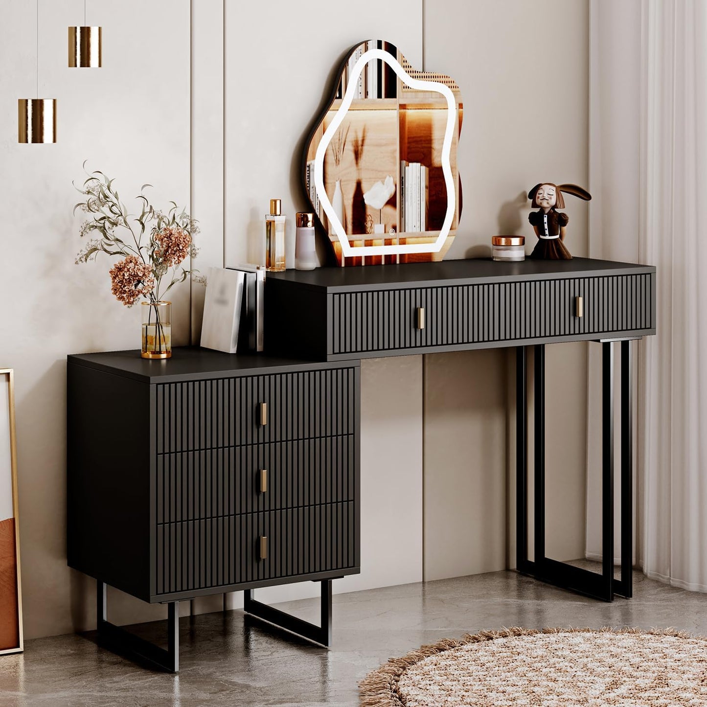 Modern Black Vanity Desk - 5 Drawers, Lights