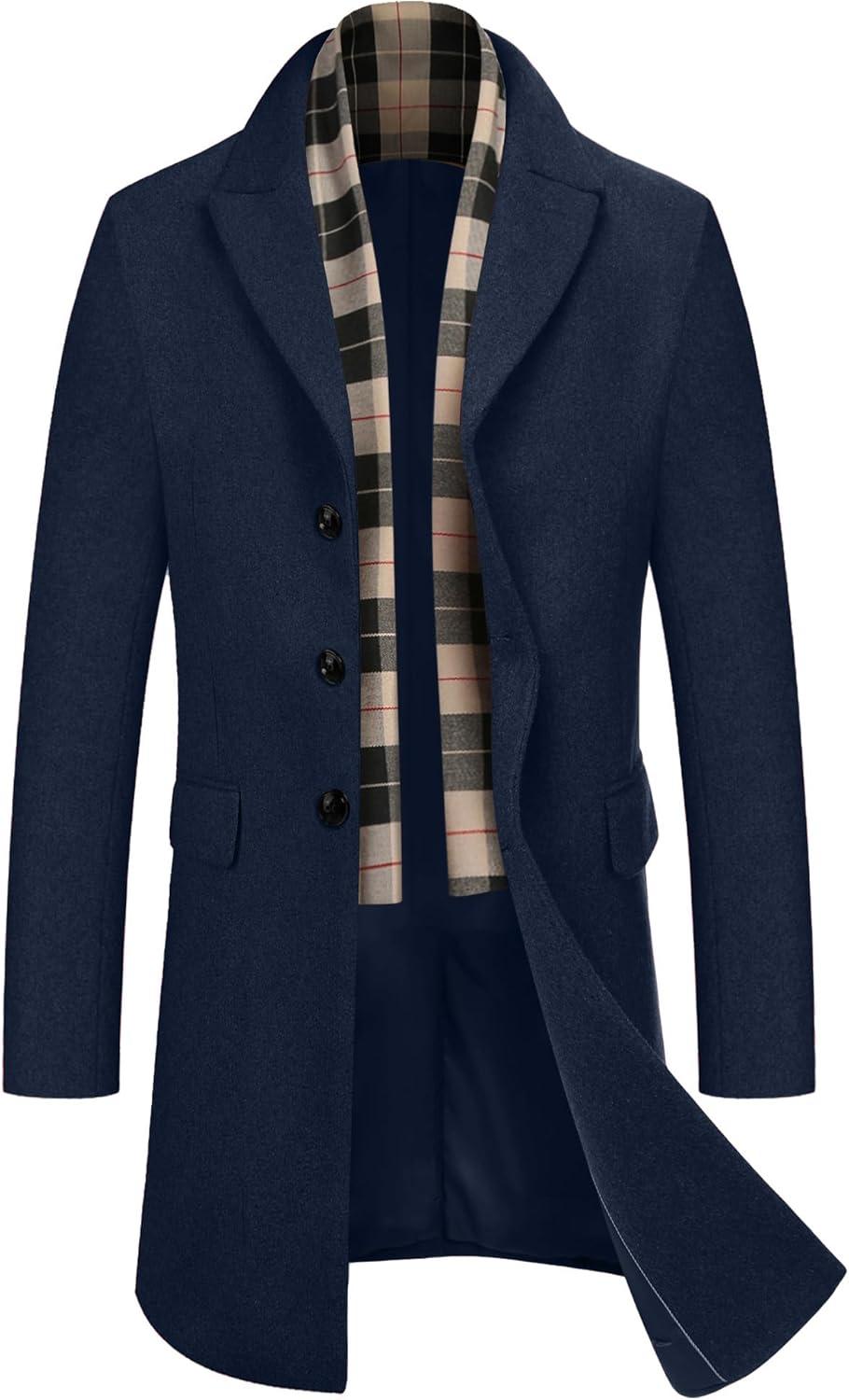 COOFANDY Men's Wool Blend Coat with Detachable Plaid Scarf