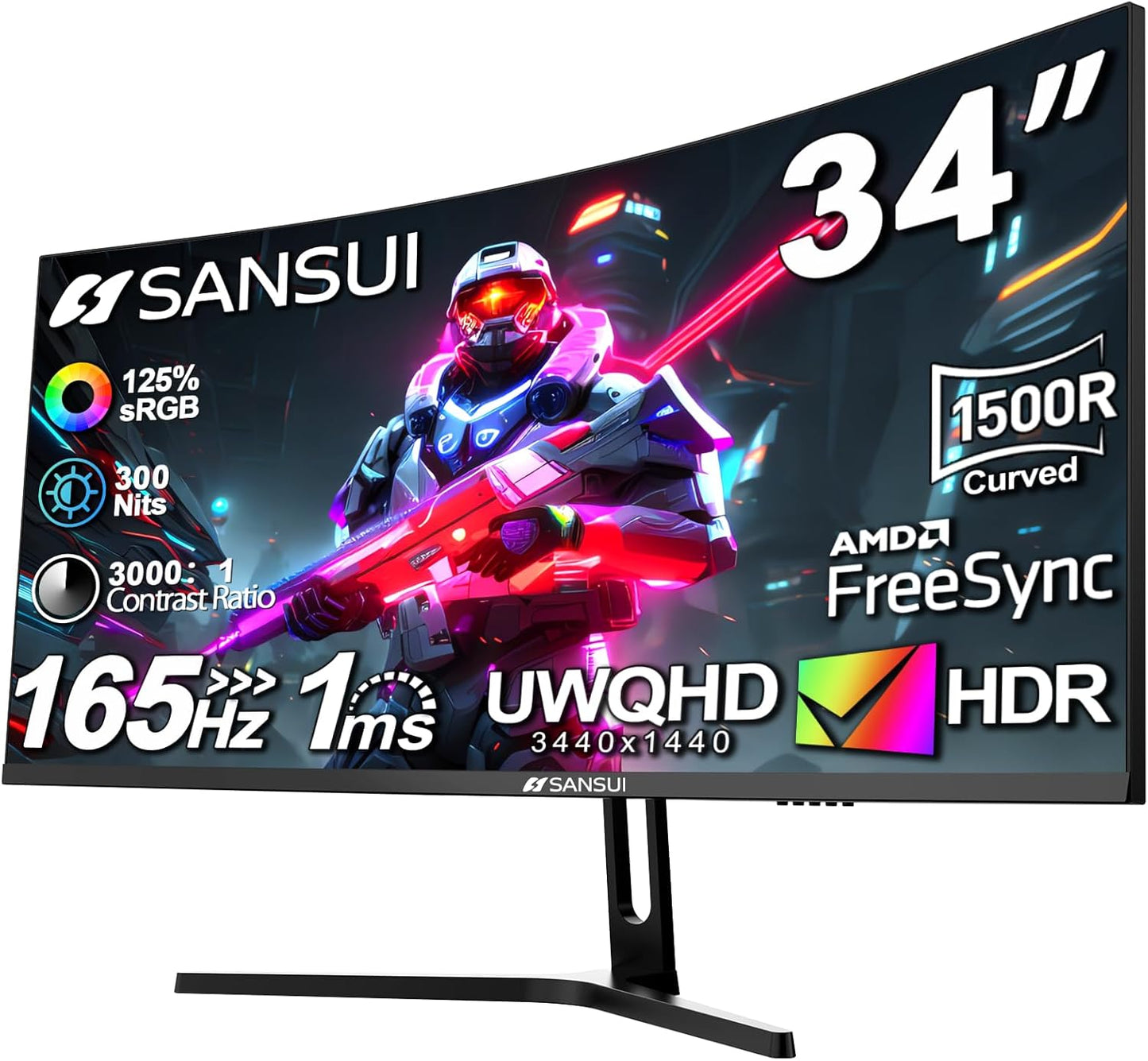 SANSUI 34-Inch Curved Gaming Monitor - Immersive 165Hz UWQHD Display