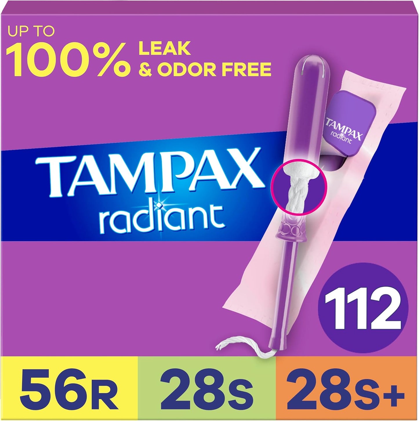 Tampax Radiant Tampons with LeakGuard Braid for Women, 112 Count
