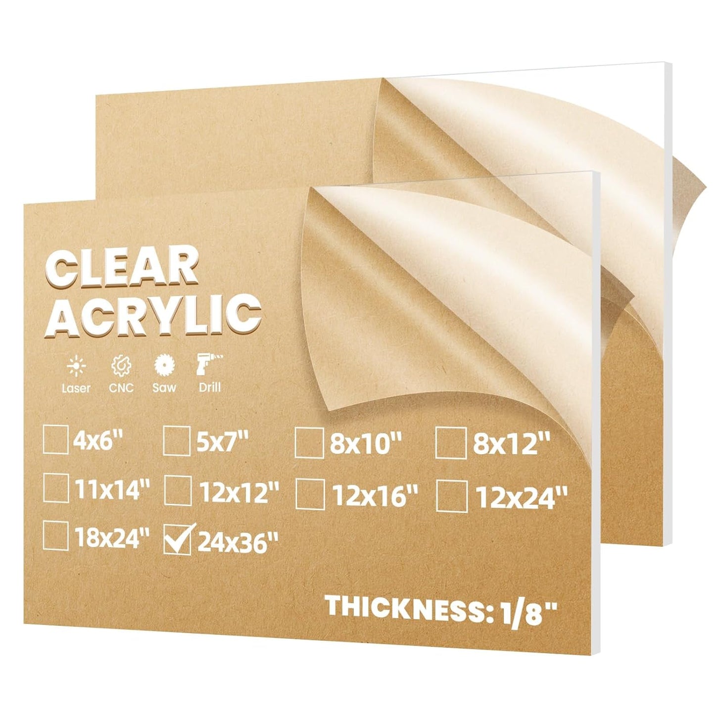 Plexiglass Sheets 1/8in Thick - 2 Pack of 24x36 Clear Acrylic