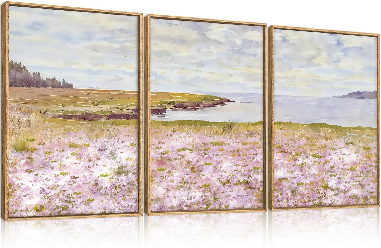 Pink Wildflower Coastal Landscape Framed Canvas Wall Art Set