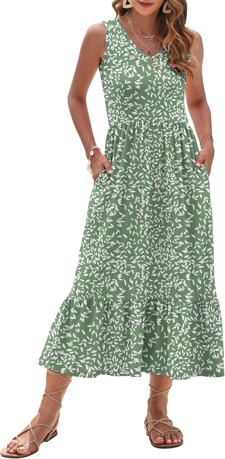 AUSELILY Womens Maxi Dress 2025 Sleeveless V Neck Sundress