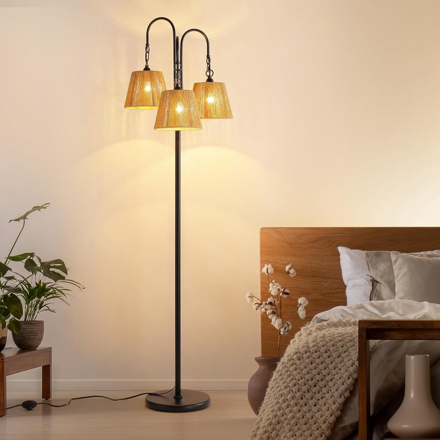 Rattan Floor Lamp 68in Boho Style with Natural Shade for Decor