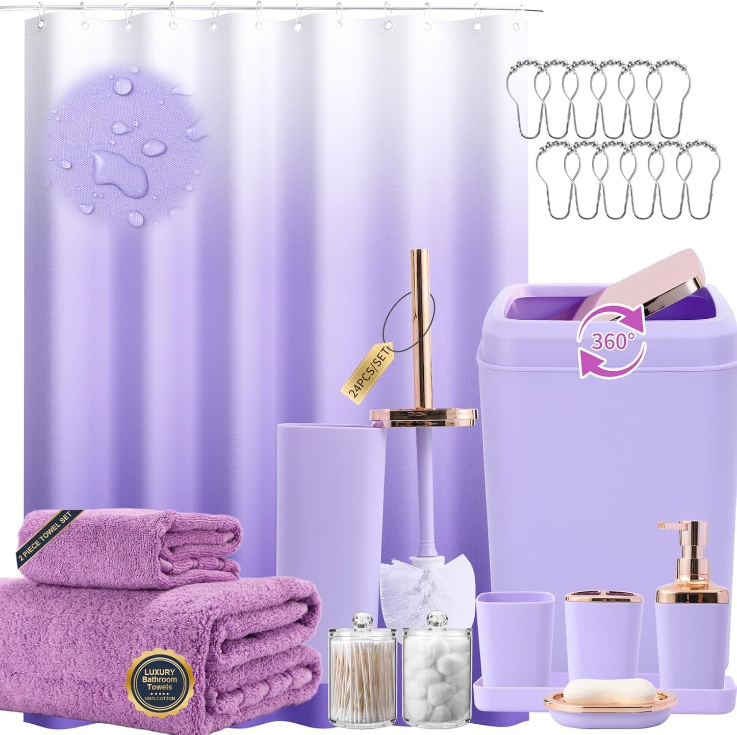 Purple Bathroom Accessories Set with Shower Curtain and Towels