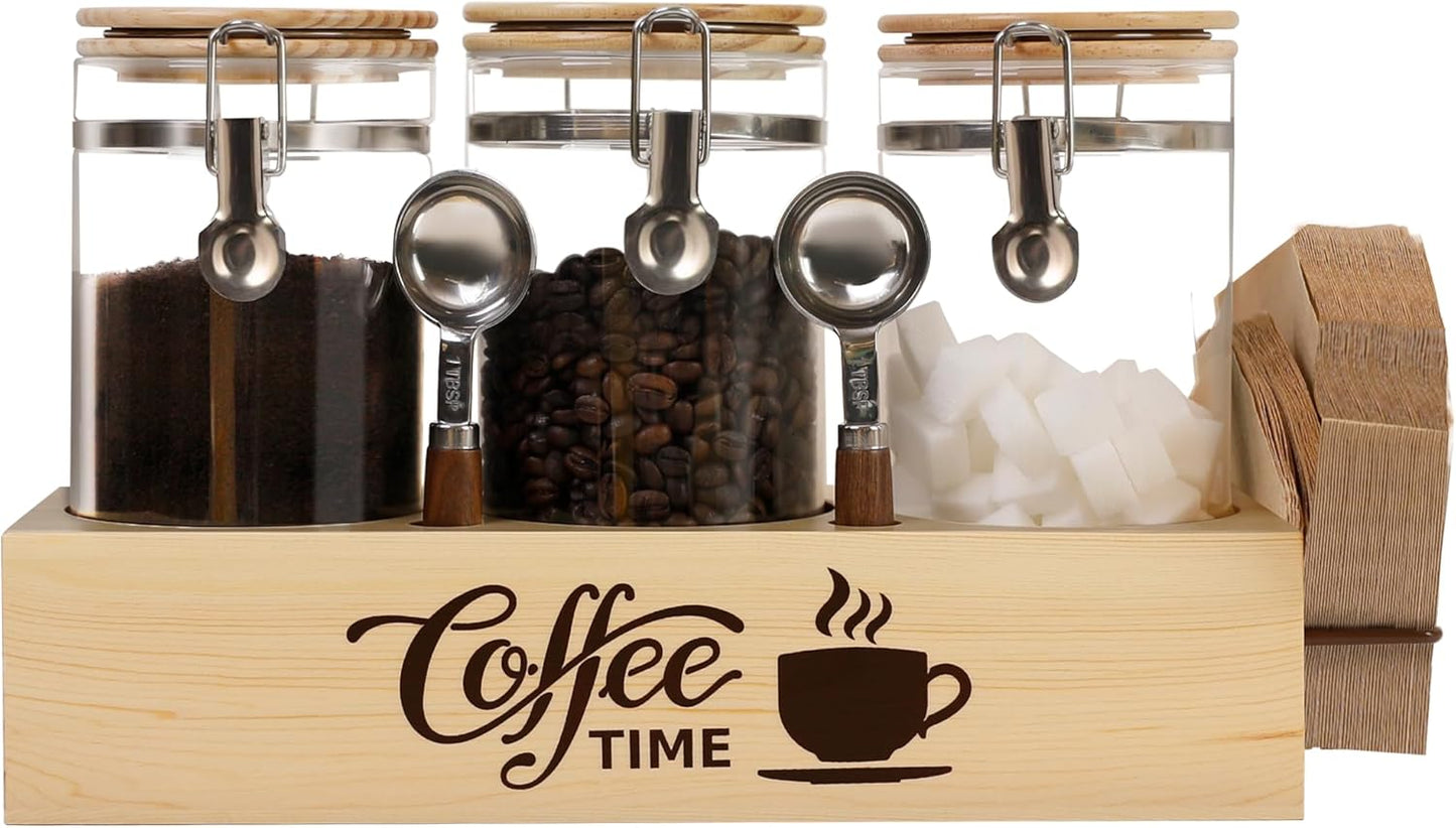 Glass Coffee Canister Set with Shelf & Spoons for Kitchen Use