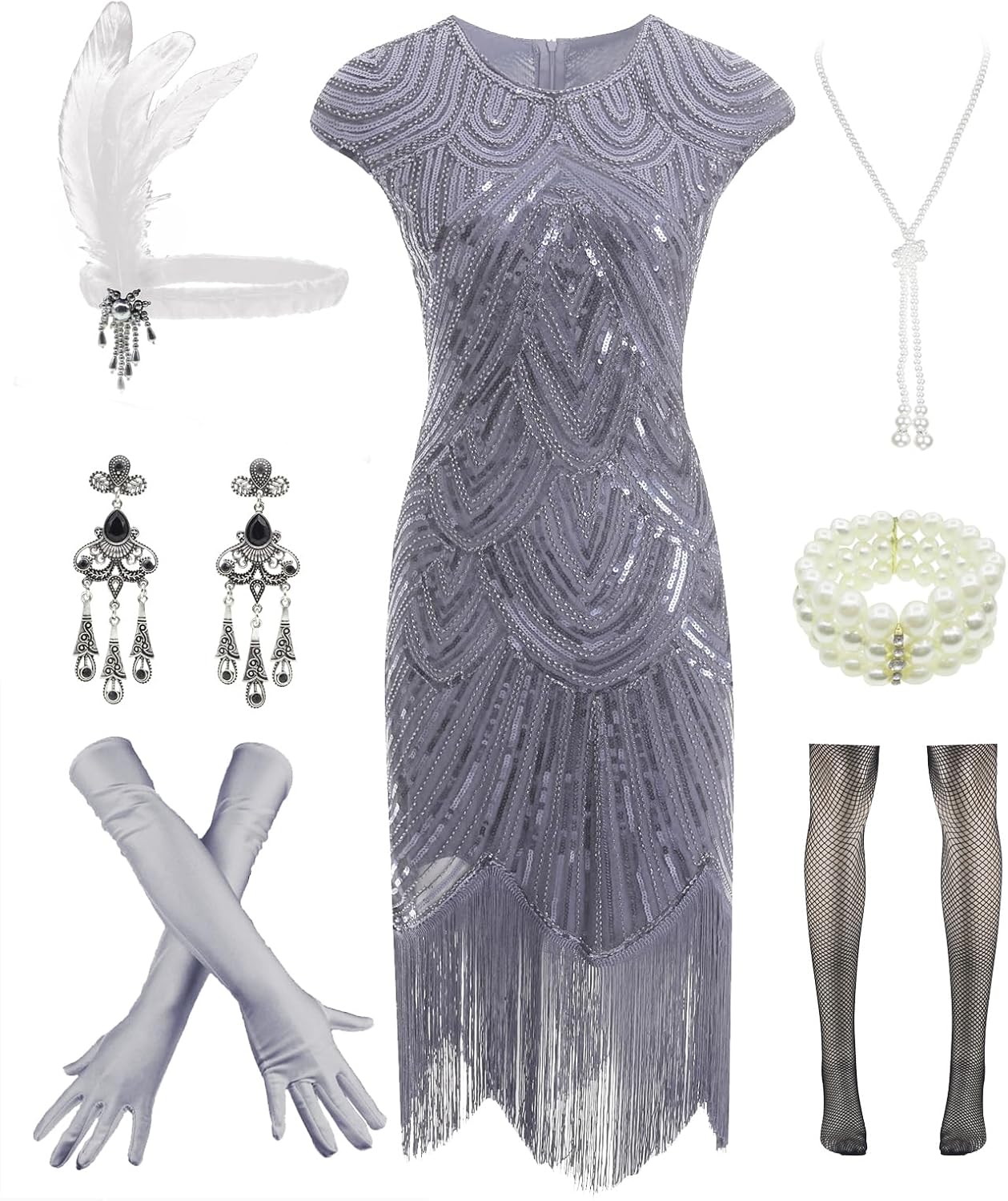 Vintage Lace Fringed Gatsby 1920s Cocktail Dress with Accessories