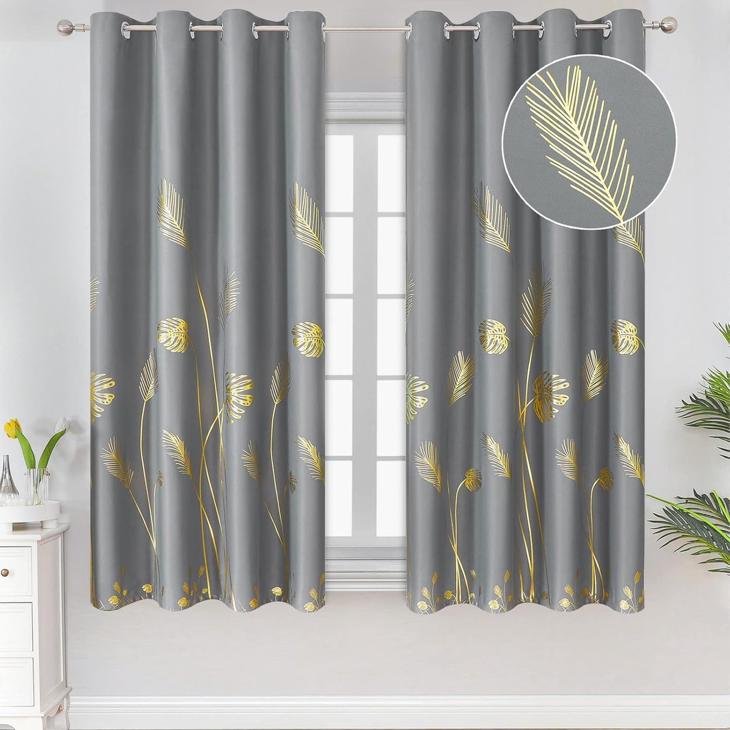 Estelar Textiler Gold Palm Leaf Blackout Curtains for Bedroom