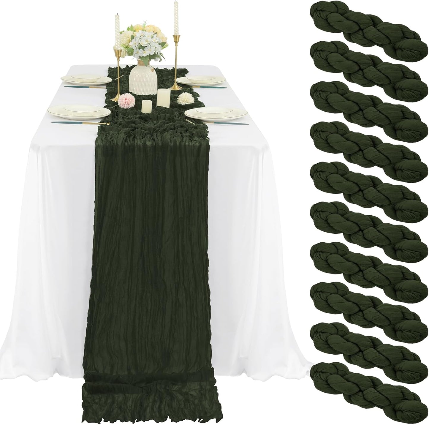 10 Pcs Hunter Green Cheesecloth Table Runner for Elegant Events
