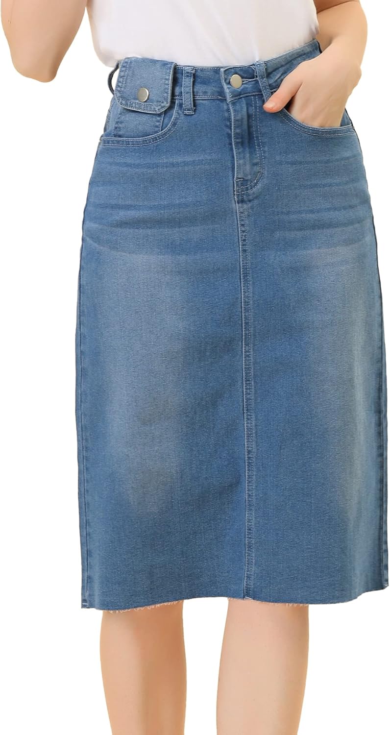 Allegra K Women's Casual Jean Skirt High Waist Back Slit Style