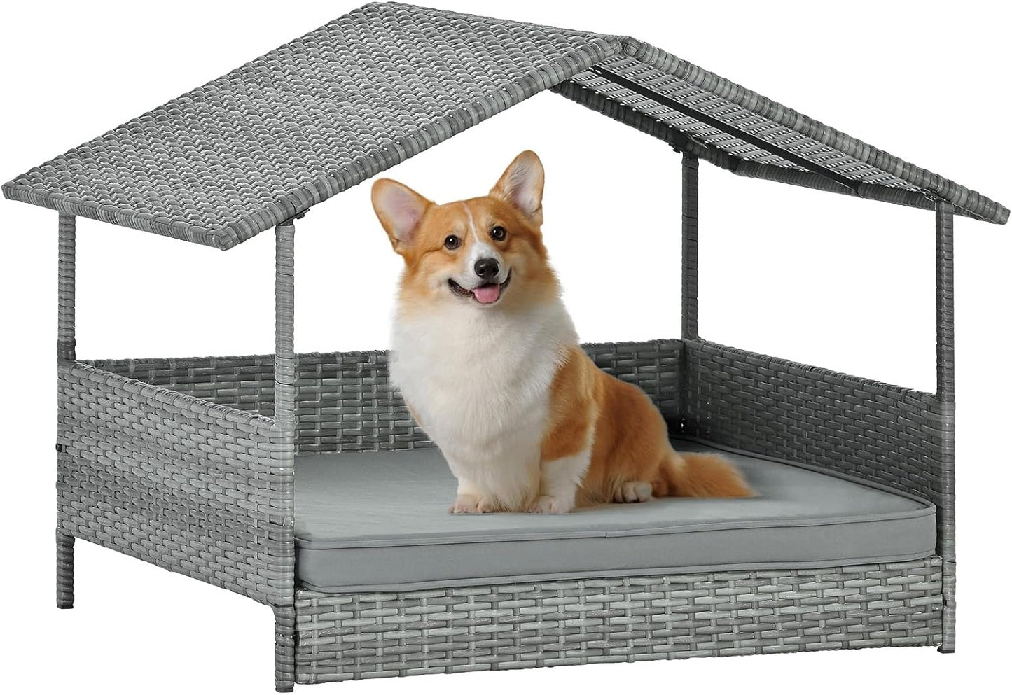 Lyromix Wicker Dog House with Canopy for Outdoor Comfort