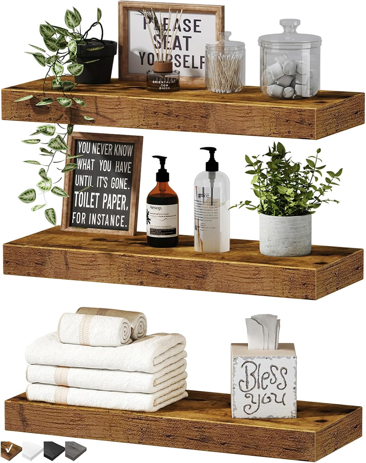 Rustic Brown Floating Shelf Set of 3 - Organize Stylishly