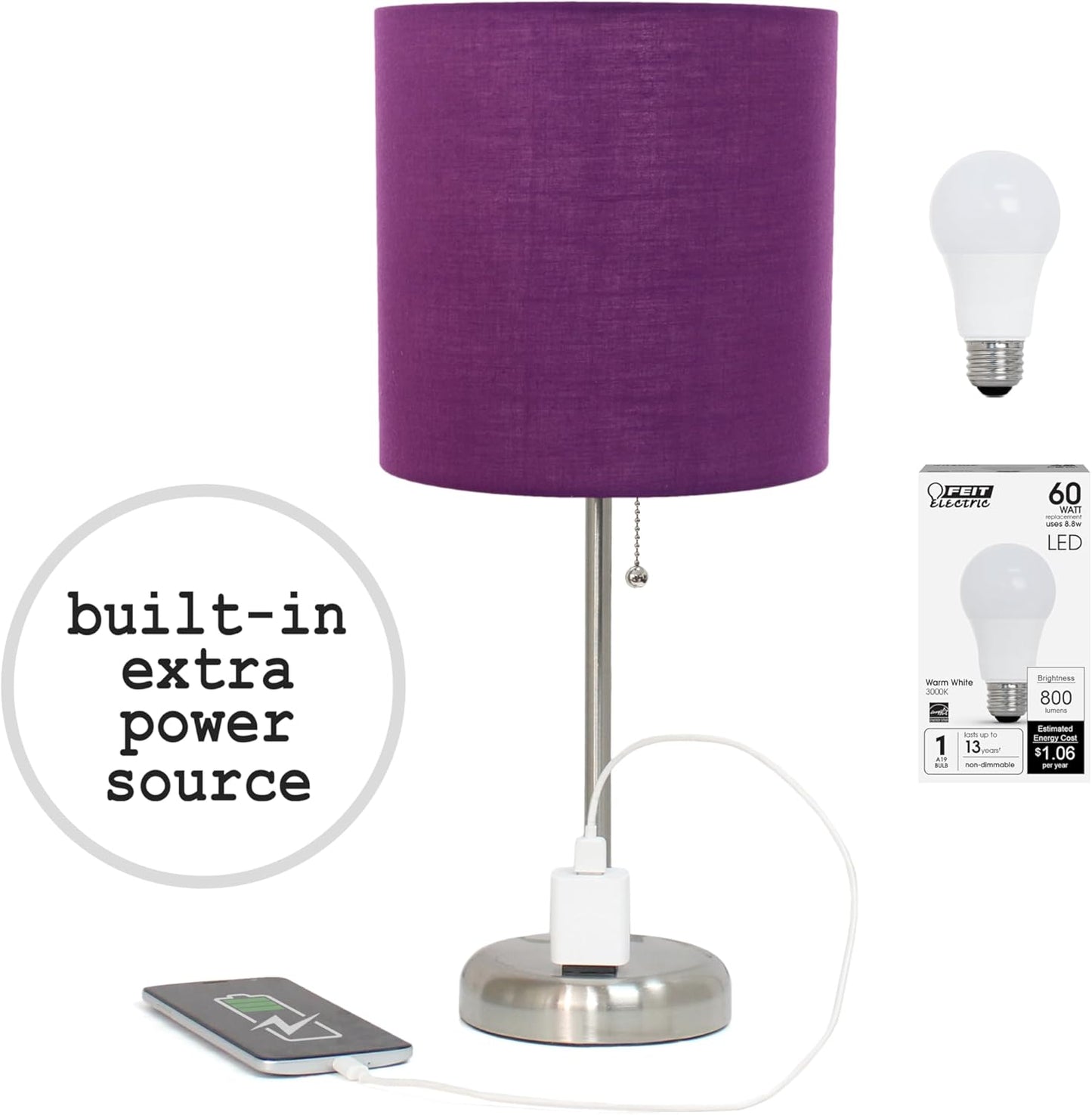 Brushed Steel Stick Table Desk Lamp with Charging Outlet Feature