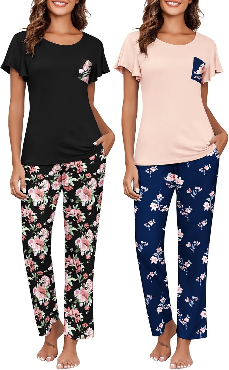 Ekouaer 2 Pack Womens Pajama Sets Soft Sleepwear with Pockets