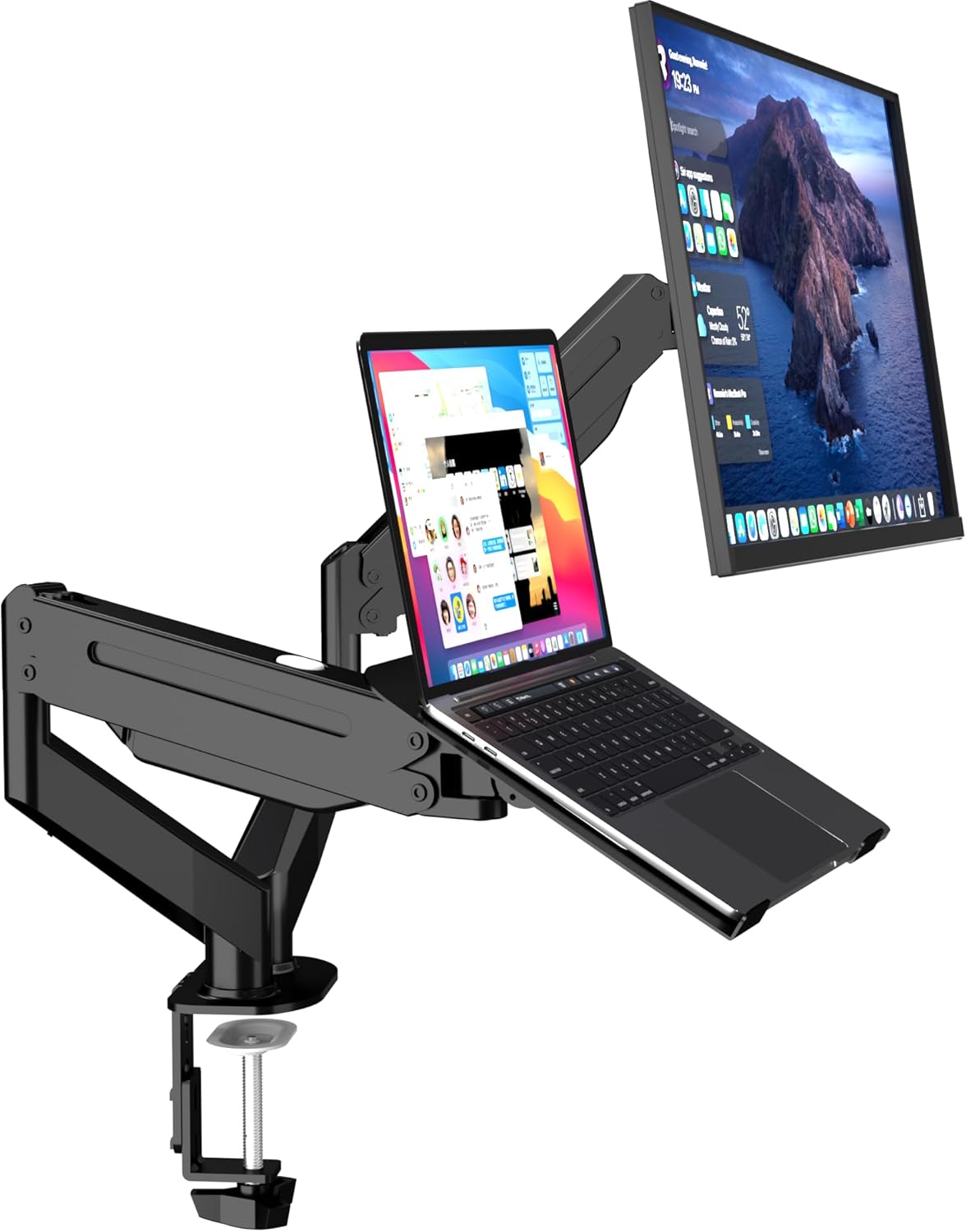 Suptek Dual Monitor Stand with Laptop Tray - Space-Saving 2-in-1 Mount