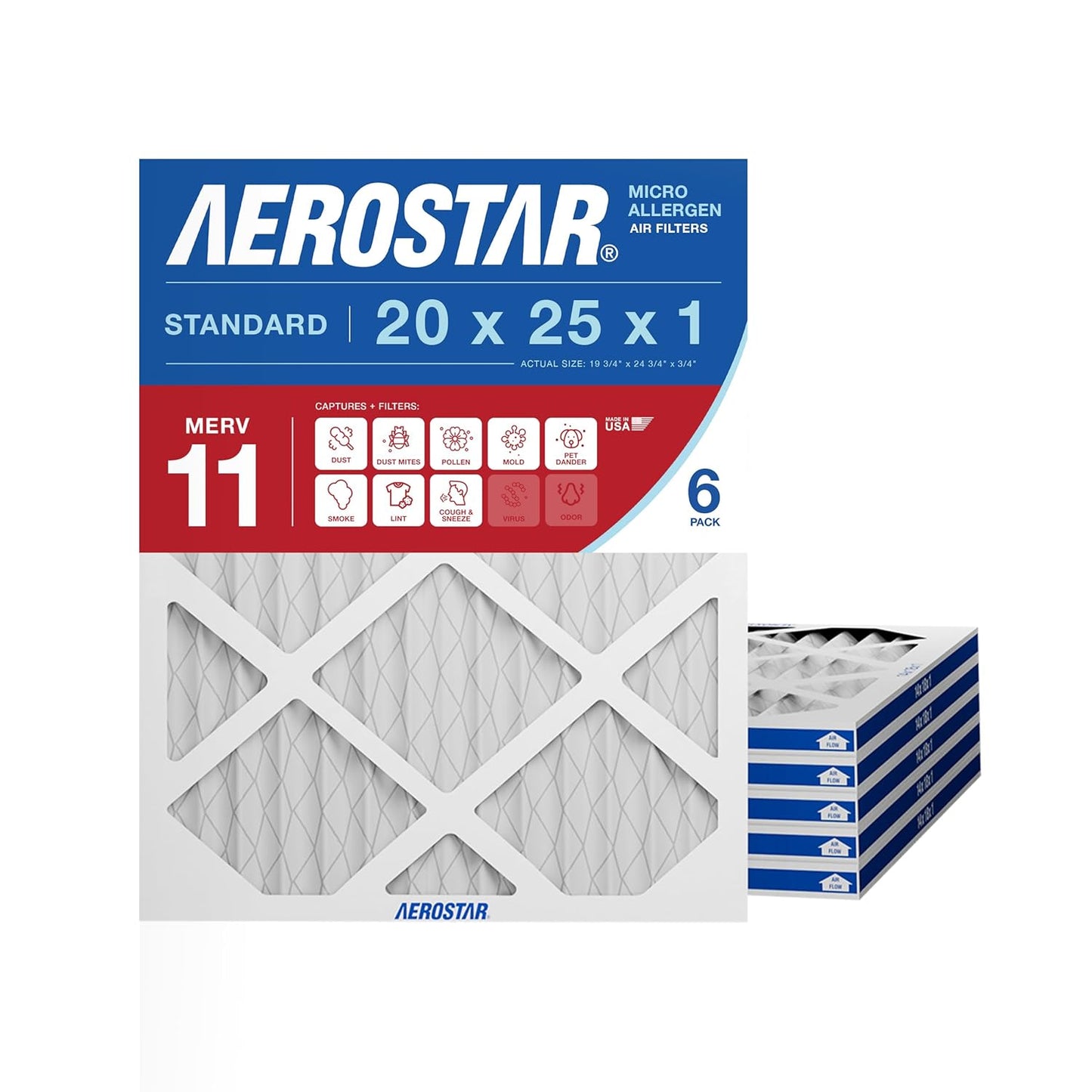 Aerostar 20x25x1 MERV 11 Air Filter for Dust and Allergies
