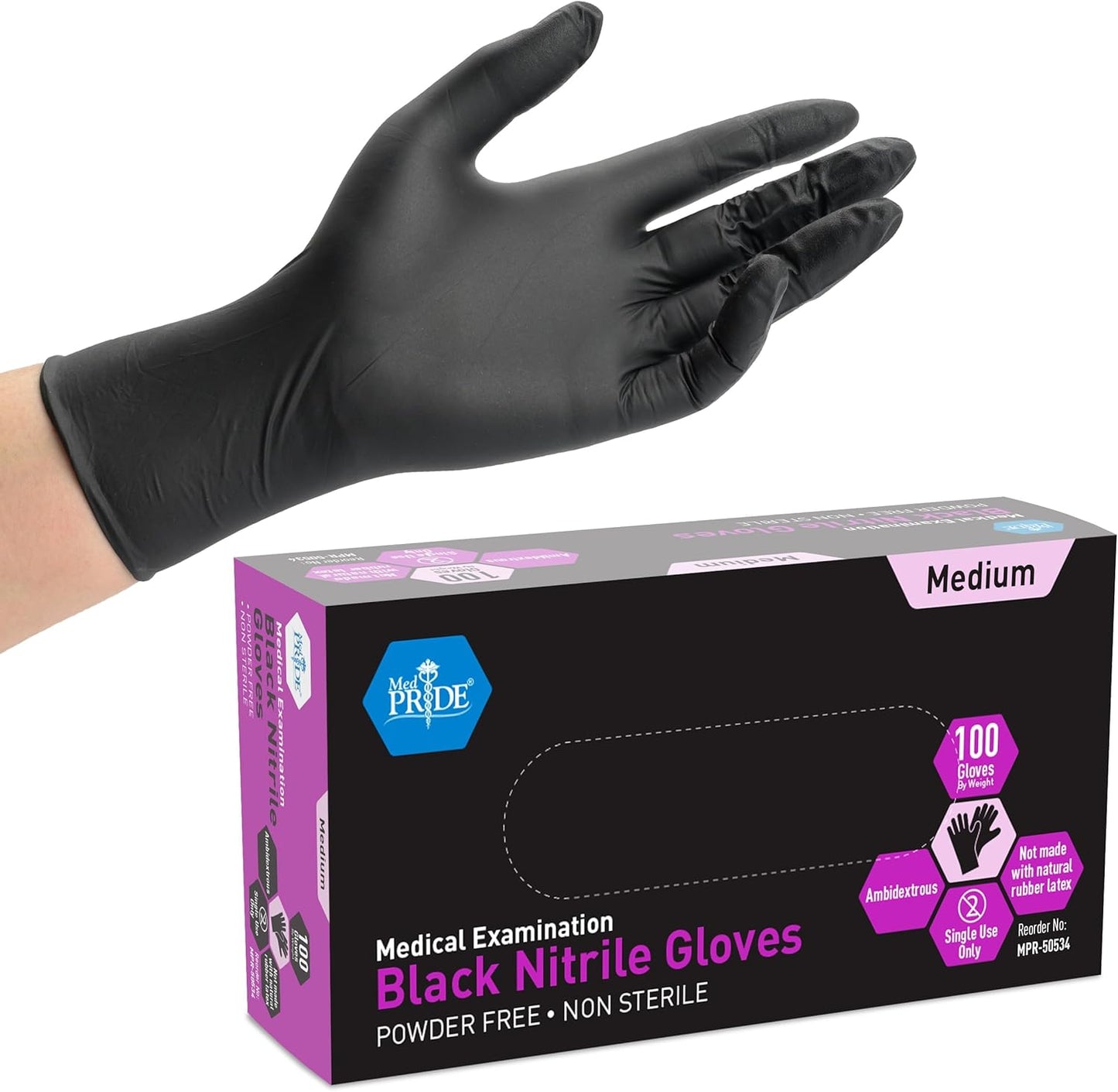 MedPride Black Nitrile Gloves, Medium, Powder-Free - Box of 100