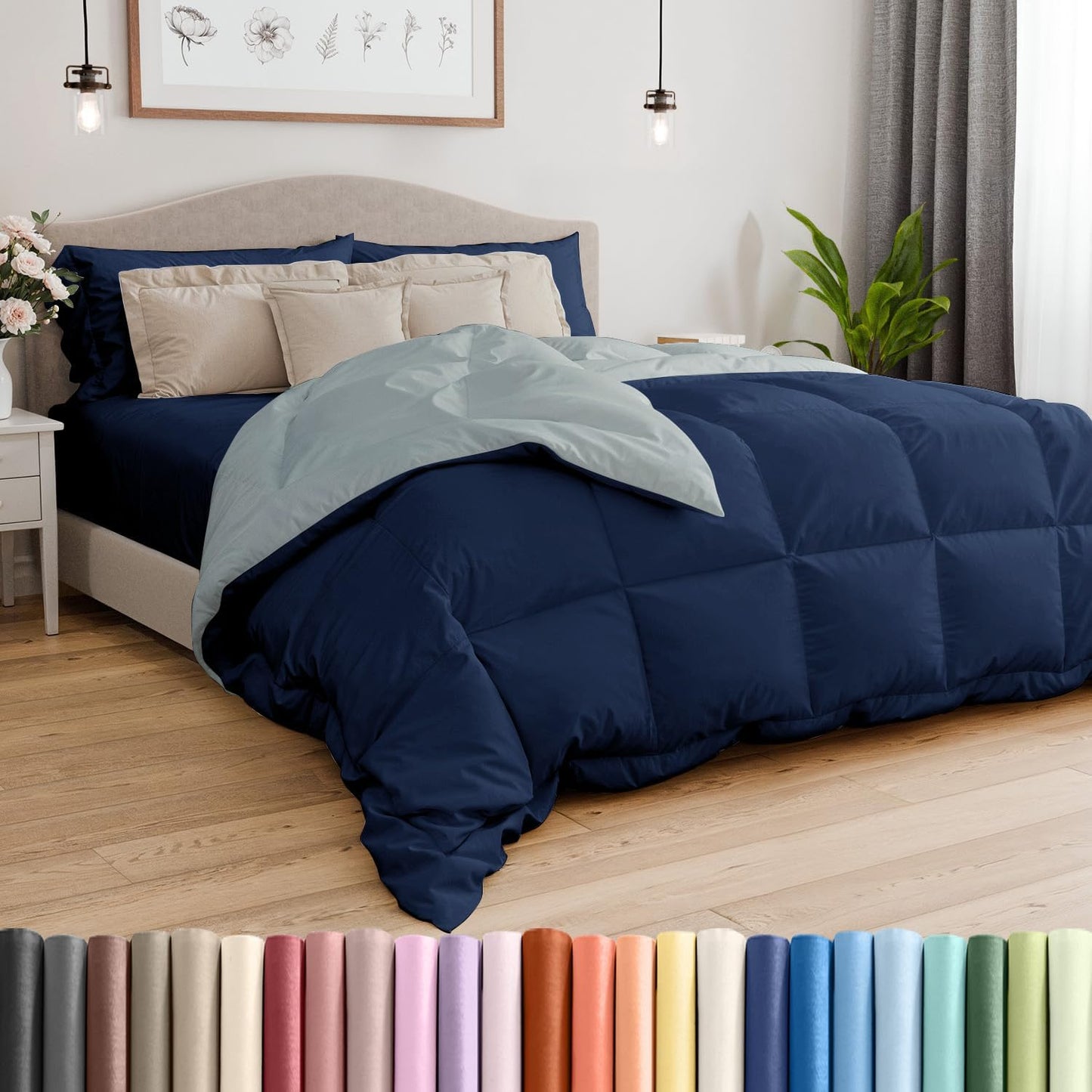 Cal King Size Blue Reversible Down Comforter for All Seasons