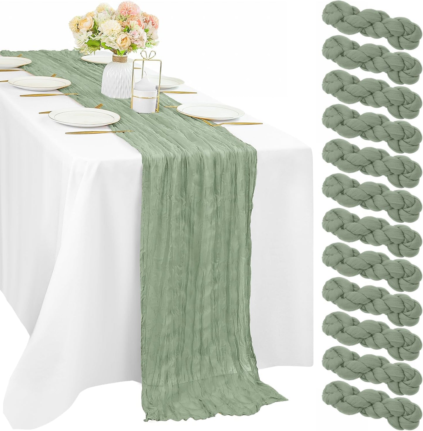 12 Pcs 10FT Sage Green Cheesecloth Table Runner for Events