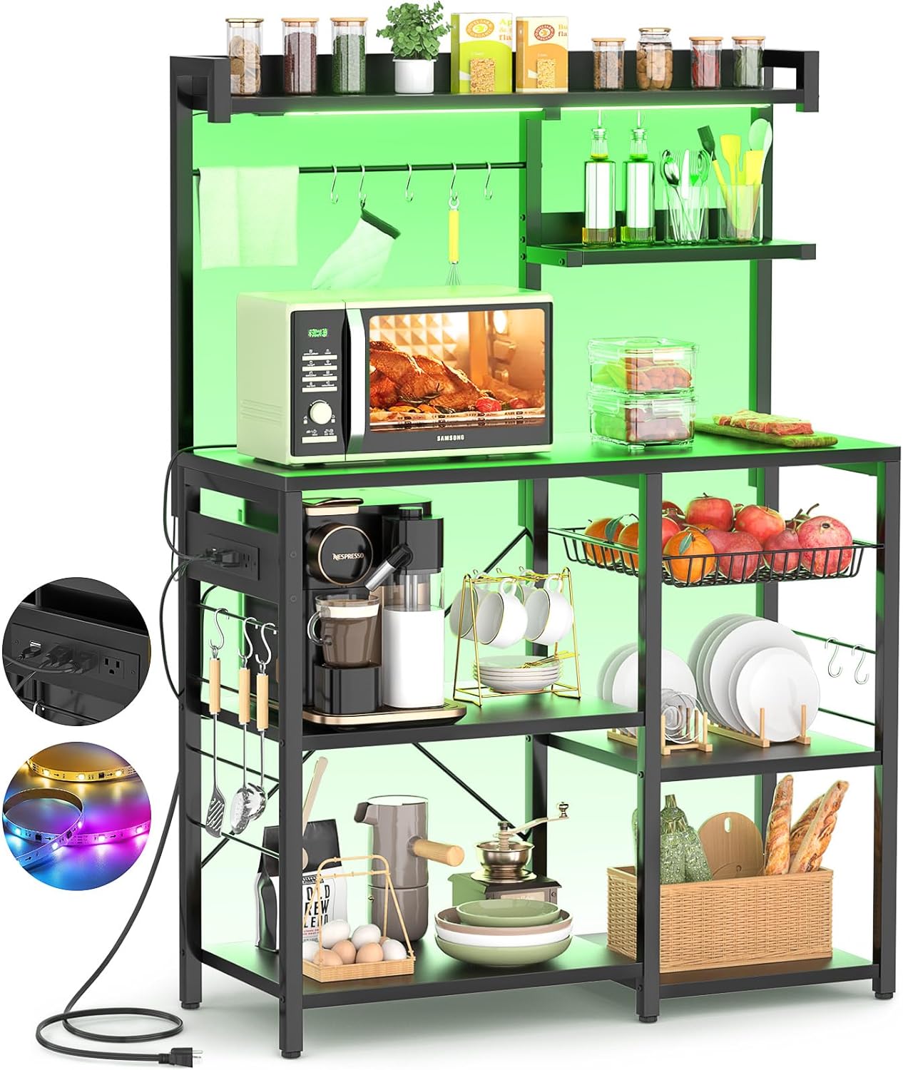 Black Kitchen Baker's Rack with Power Outlet & LED Lights