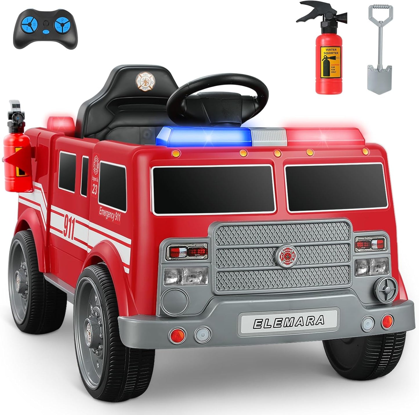 ELEMARA 12V Ride on Fire Truck with Remote Control for Kids