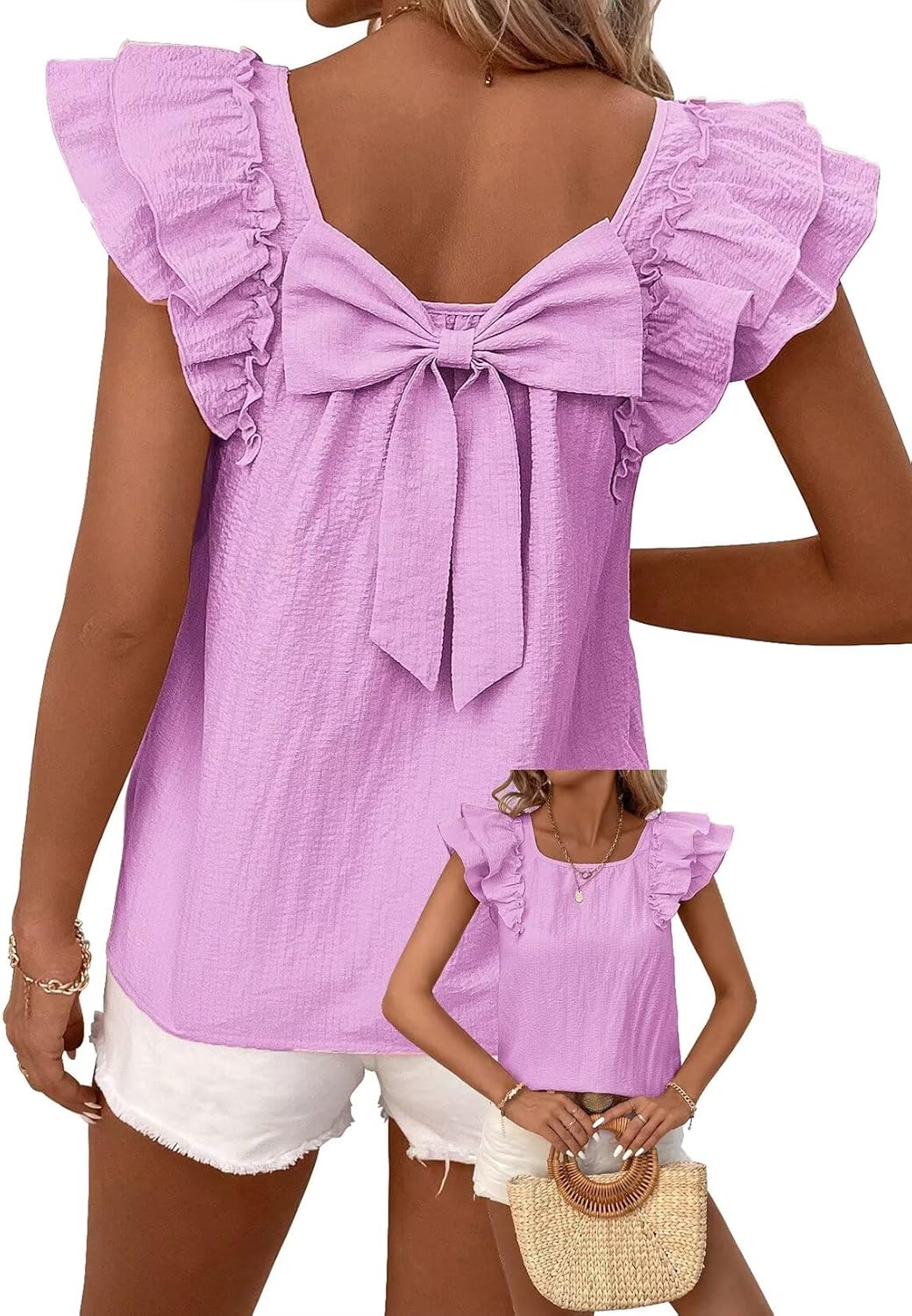 Womens Bow Tie Back Tops with Ruffle Short Sleeves for Summer