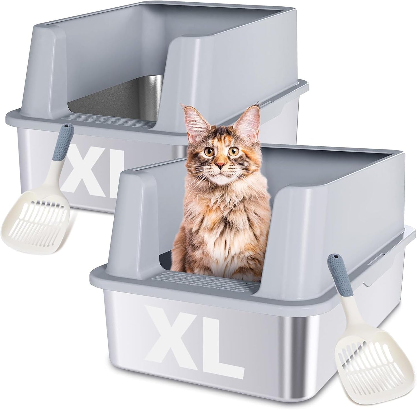 Extra Large Stainless Steel Litter Box for Big Cats - 2 Pack