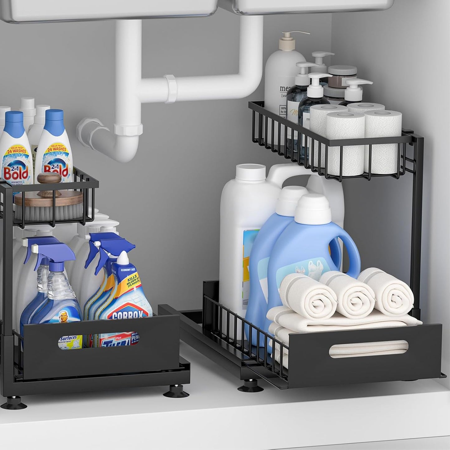 2 Pack Under Sink Organizer Storage with Premium Metal Racks