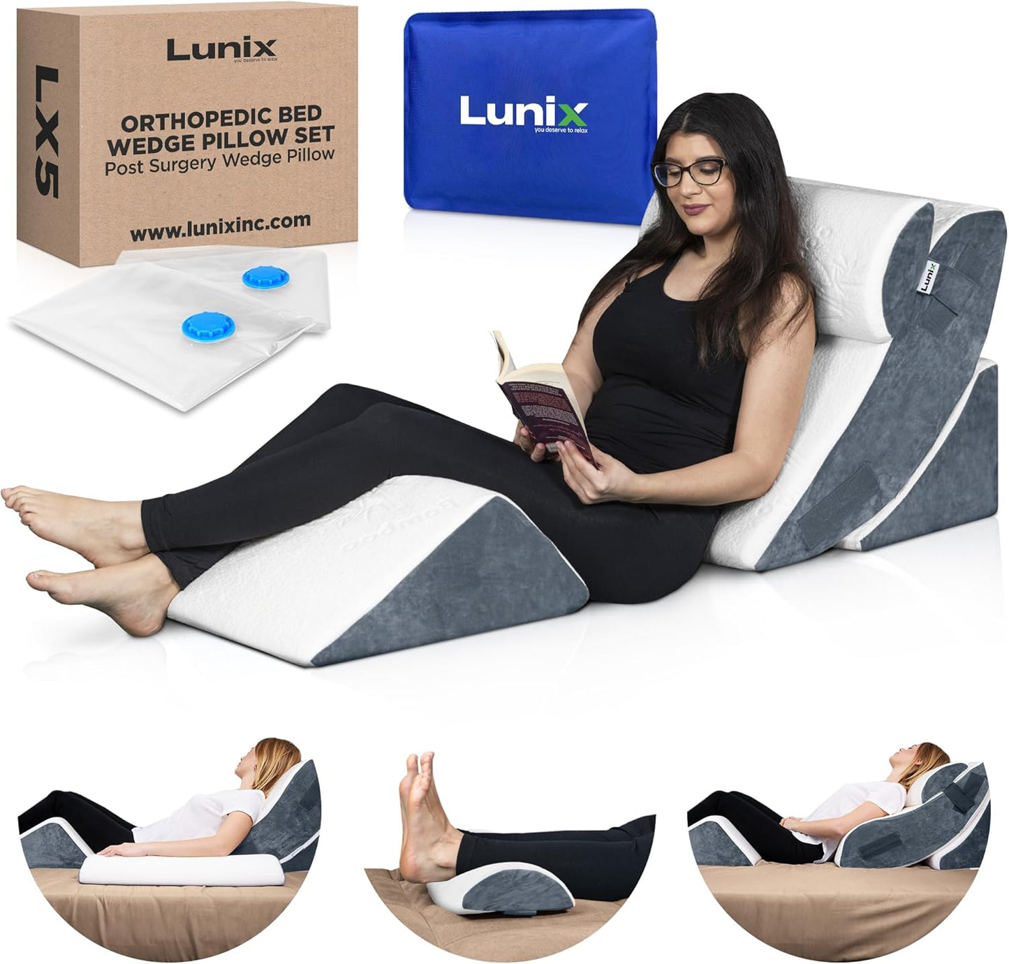 Lunix 4pcs Orthopedic Bed Wedge Pillow Set for Pain Relief