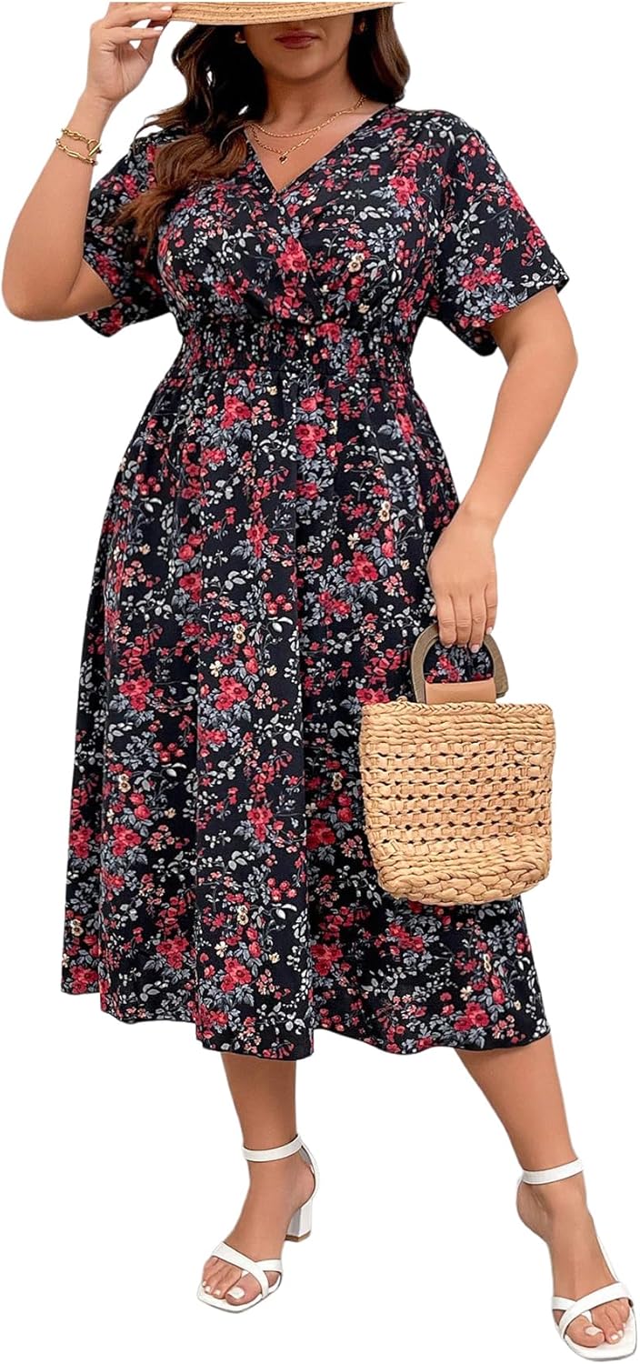 Floerns Women's Plus Size Boho Floral V Neck A Line Dress