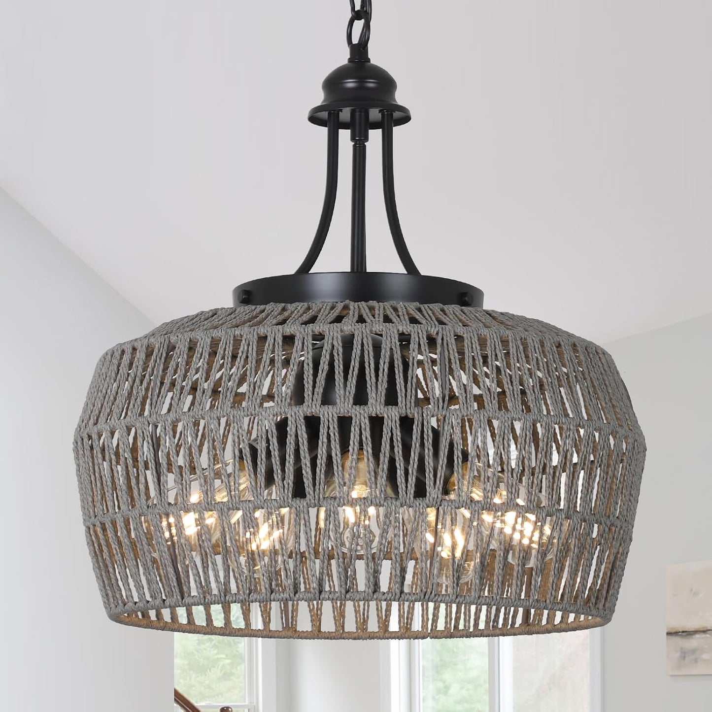 Grey Rattan Chandeliers for Dining Room - 5-Light Boho Fixture