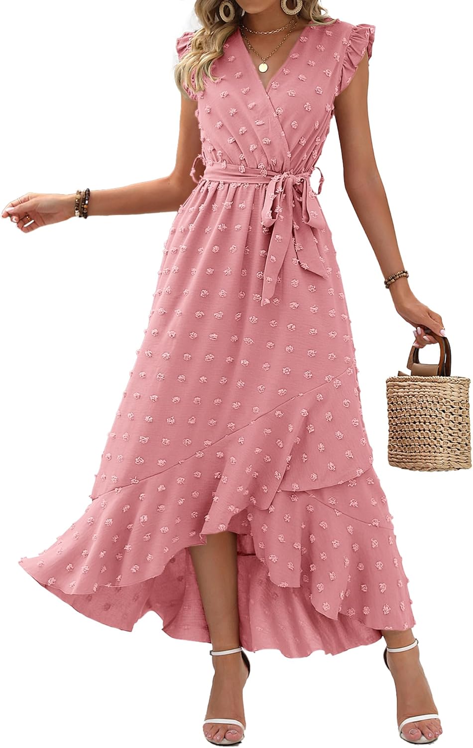 BTFBM Women V Neck Summer Dress Boho Flowy Ruffle Maxi