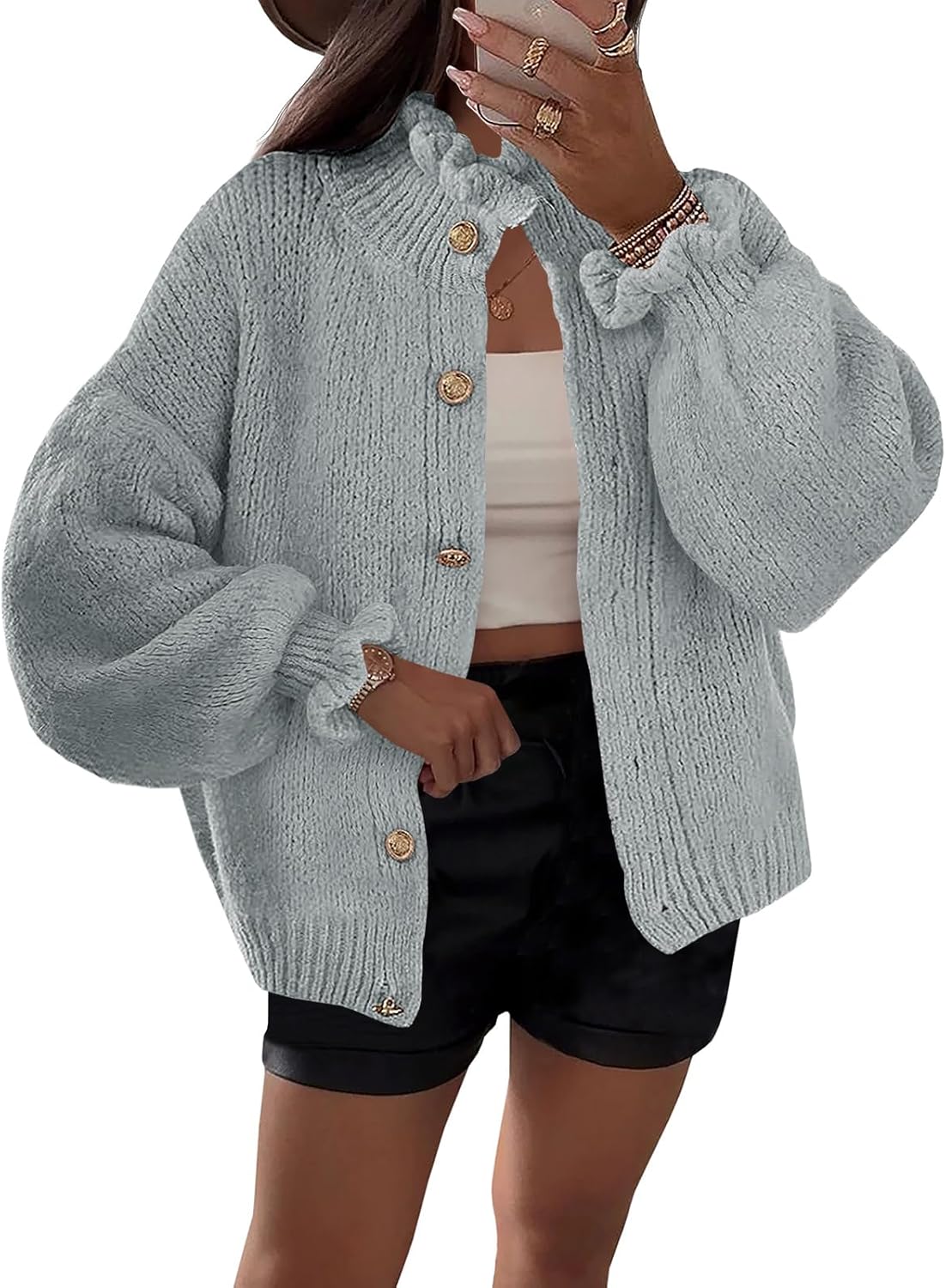 Saodimallsu Womens Ruffle Cardigan Oversized Button Up Sweater