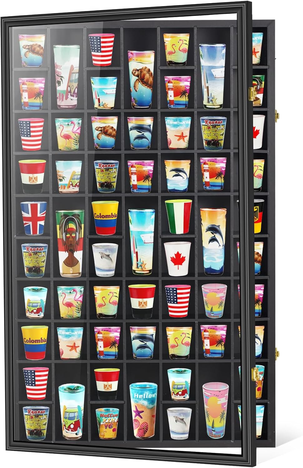 Black Shot Glass Display Case with 61 Slots for Home Decor