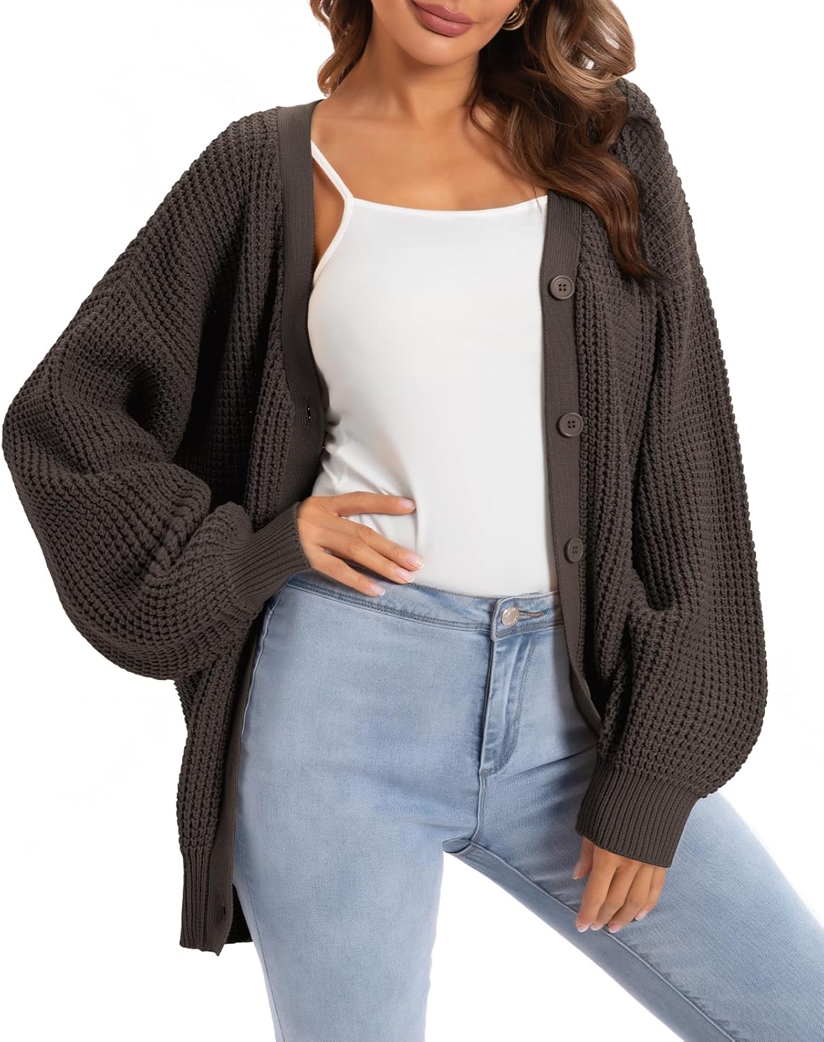 QUALFORT Cardigan Sweaters for Women - 100% Cotton Oversized Knit
