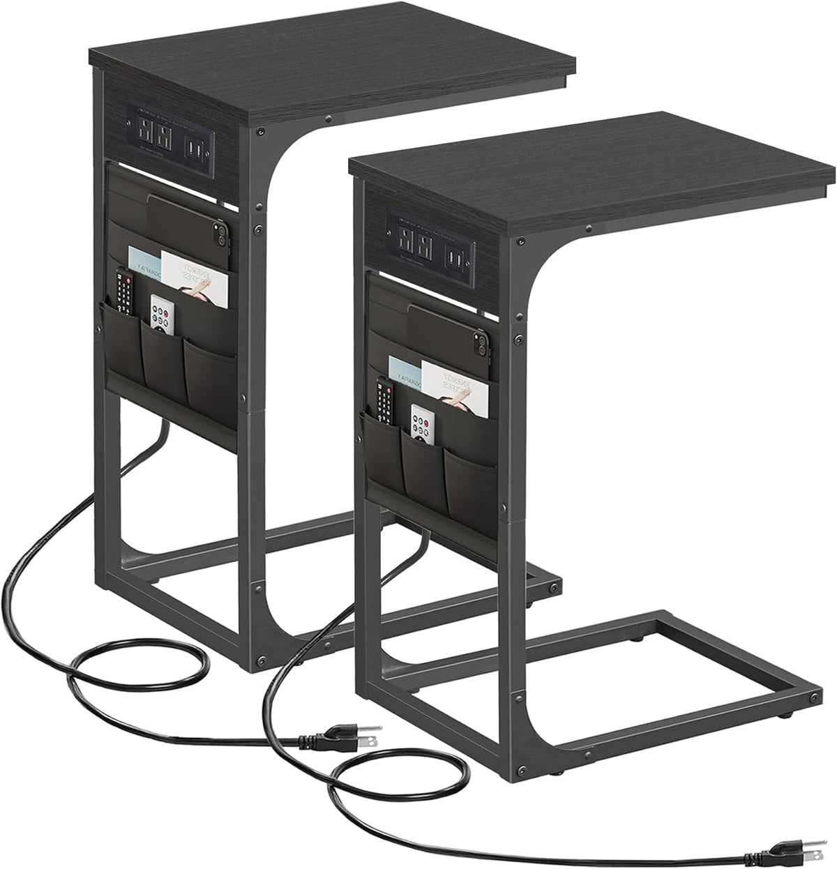 C Shaped End Table with Charging Station and Storage Bag Set